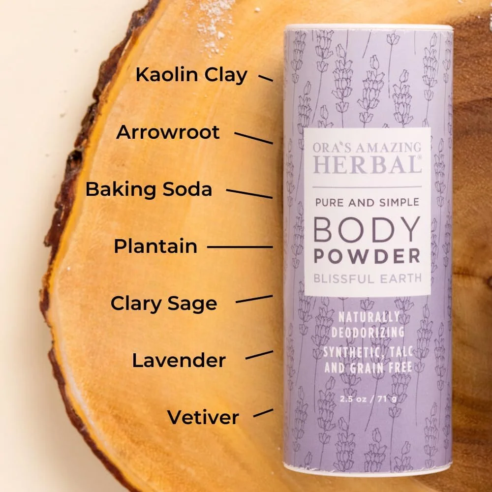 پودر بدن بدون تالک برای بانوان، پودر خوشبو کننده بدن، پودر بدون نشاسته ذرت، رایحه آرامش بخش، روغن های ضروری اسطوخودوس، وتیور، مریم گلی، Blissful Earth، 70 گرم