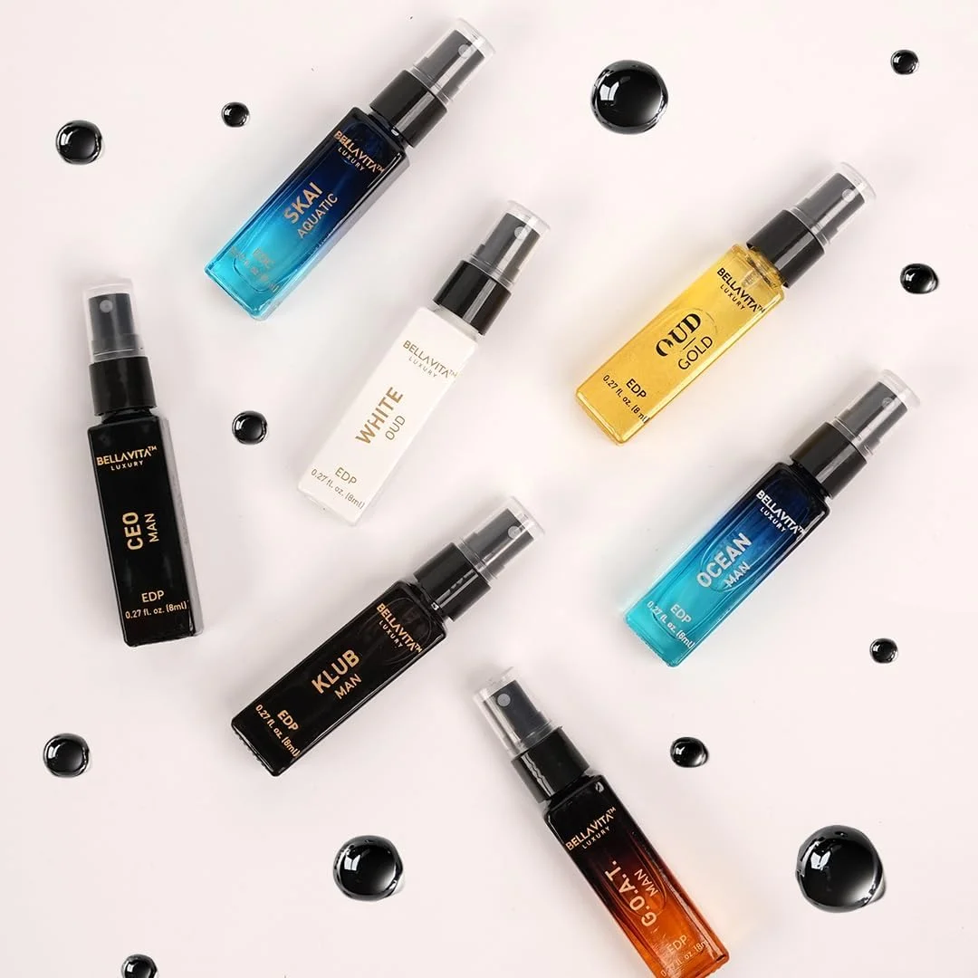 مجموعه کشف عطرهای مردانه BellaVita Luxury (۷x۸ml) | مجموعه هدیه مینی عطر مردانه با رایحه های ترنج، عود و نعناع هندی | عطرهای عود ماندگار و جمع و جور برای مردان | عطر بدون تست حیوانی