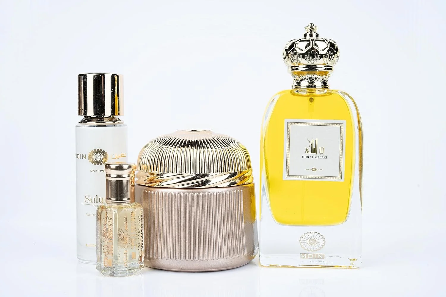 ست هدیه عطر معین هاب المالکی - عود بخور ۱۰۰ گرمی، روغن مشک ۱۲ میلی لیتری، عطر غیر الکلی ۳۰ میلی لیتری و عطر ۱۰۰ میلی لیتری - رایحه عربی، ماندگاری طولانی، چوبی، تند، بدون الکل