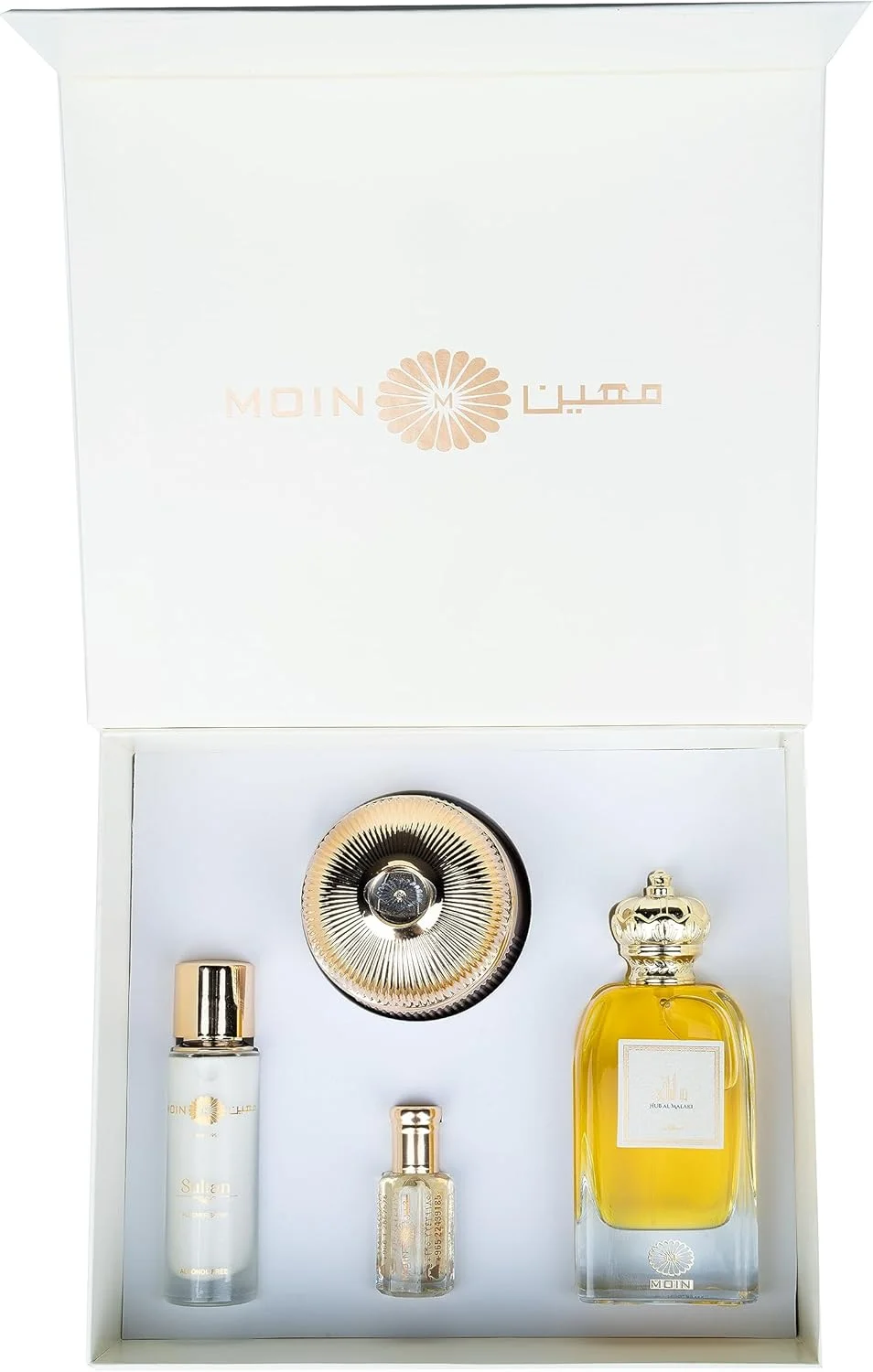 ست هدیه عطر معین هاب المالکی - عود بخور ۱۰۰ گرمی، روغن مشک ۱۲ میلی لیتری، عطر غیر الکلی ۳۰ میلی لیتری و عطر ۱۰۰ میلی لیتری - رایحه عربی، ماندگاری طولانی، چوبی، تند، بدون الکل