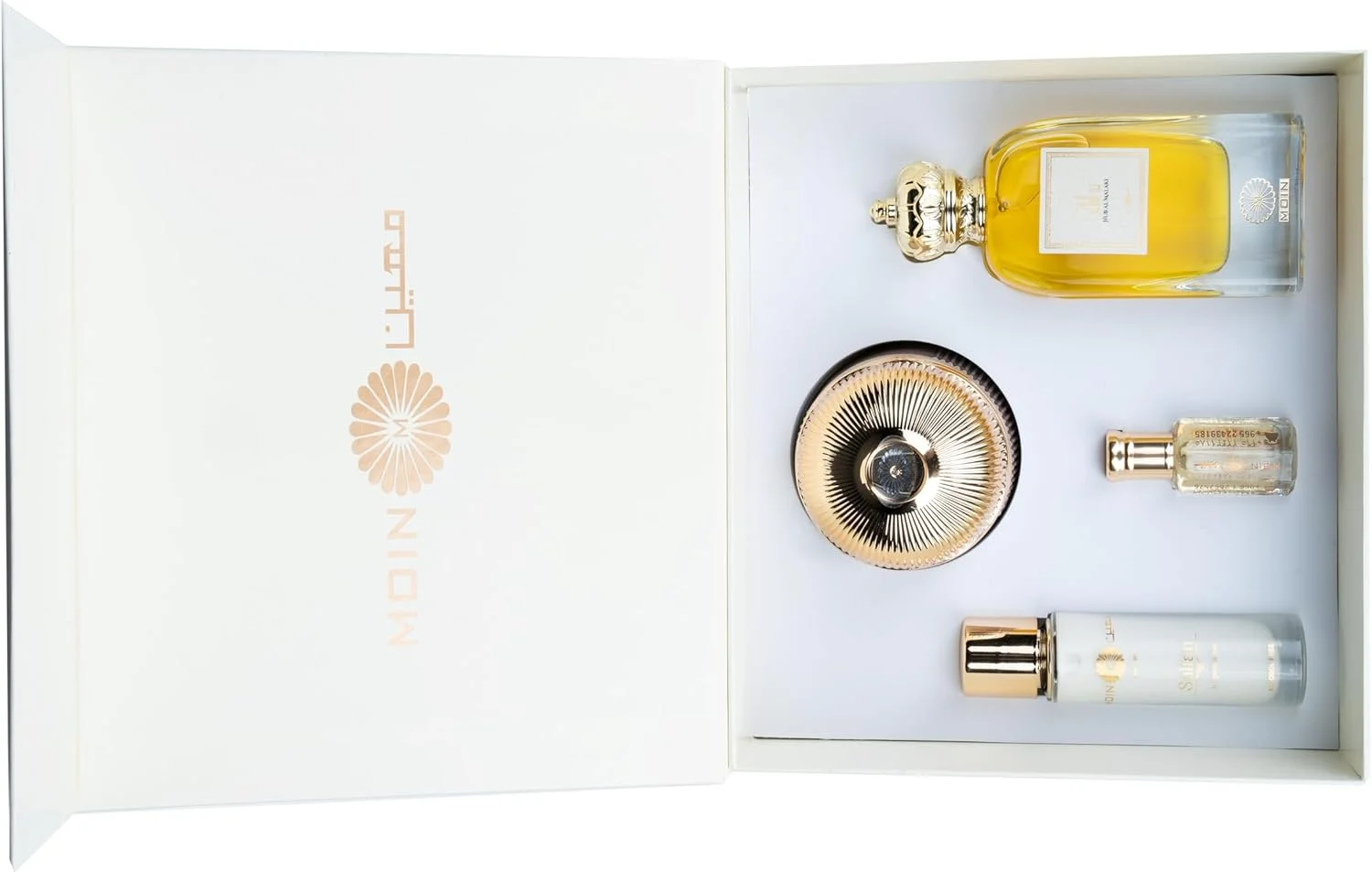 ست هدیه عطر معین هاب المالکی - عود بخور ۱۰۰ گرمی، روغن مشک ۱۲ میلی لیتری، عطر غیر الکلی ۳۰ میلی لیتری و عطر ۱۰۰ میلی لیتری - رایحه عربی، ماندگاری طولانی، چوبی، تند، بدون الکل