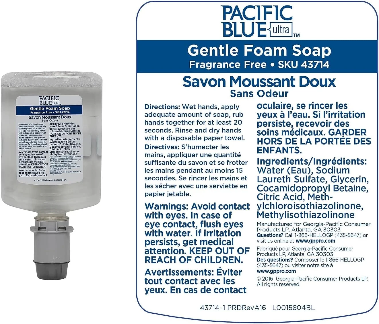 مایع دستشویی فوم بسیار ملایم Georgia-Pacific Pacific Blue Ultra GP PRO، بدون رنگ و عطر، 43714، 1200 میلی لیتر در هر بسته، 4 بسته در هر کارتن