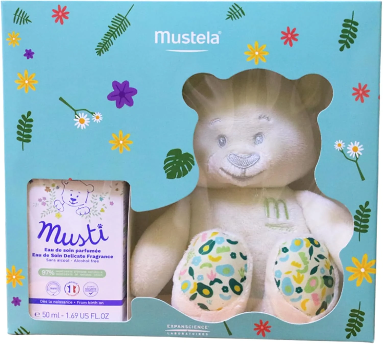 ست هدیه عطر کودکانه موستلا موستی، 50 میلی لیتر ادو تویلت به همراه خرس، رایحه ملایم با بابونه و عسل - برای مو، بدن و لباس کودک