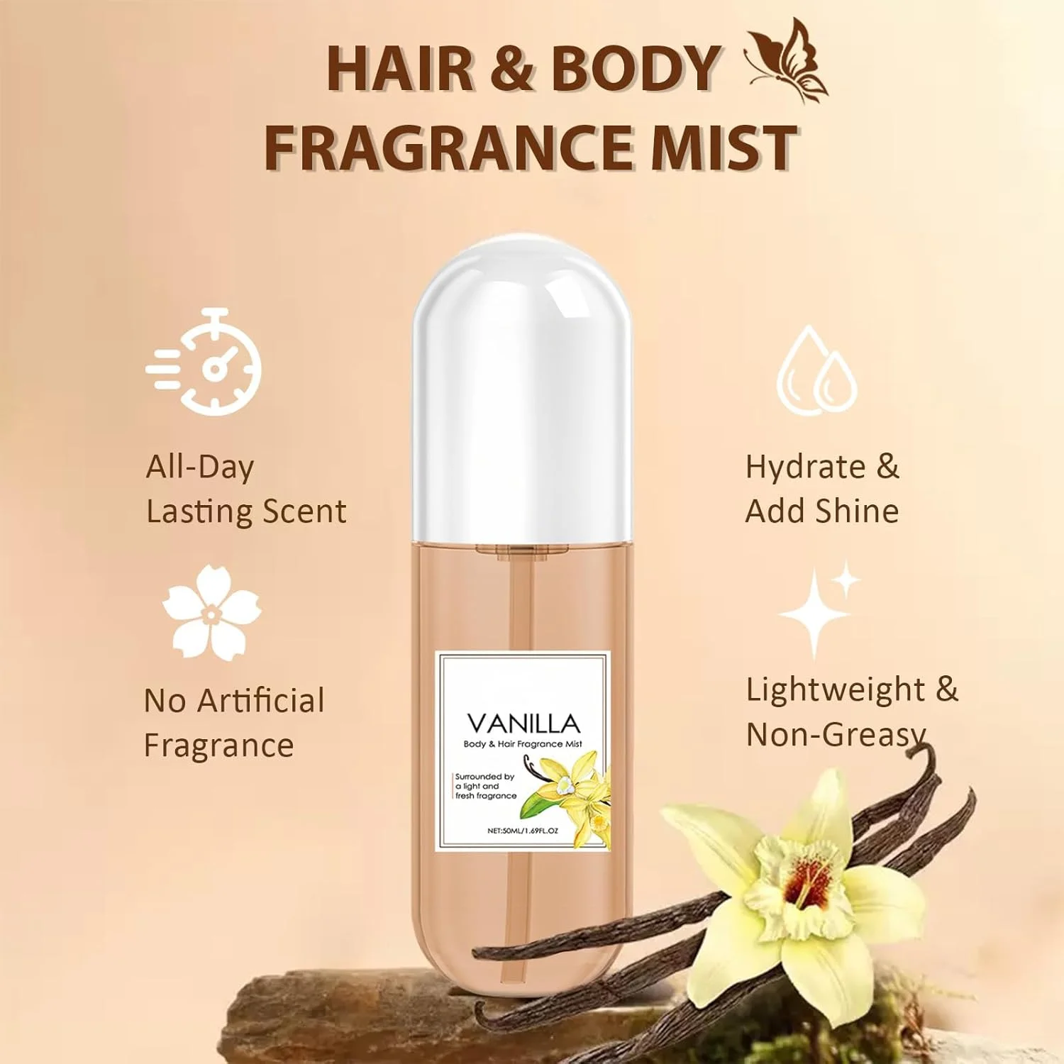 عطر موی ماندگار برای زنان و مردان، عطرهای فرمونی، رایحه کرم وانیلی، کنترل وز و روغن آبرسان مو، اسپری خوشبو کننده مو و بدن، سایز مسافرتی 50 میلی لیتر