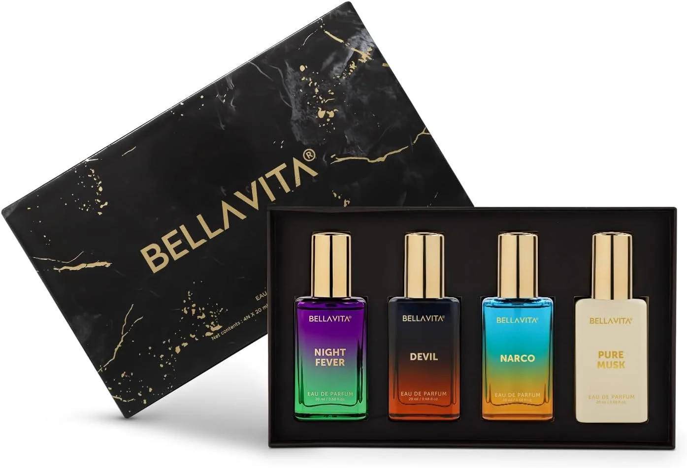 عطرهای یونیسکس BELLAVITA | ست هدیه عطر ماندگار برای مردان و زنان | EDP 4x20ML | ترنج، وانیل، سدر و چوب صندل | رایحه های چوبی و مشک دار ممتاز و ماندگار