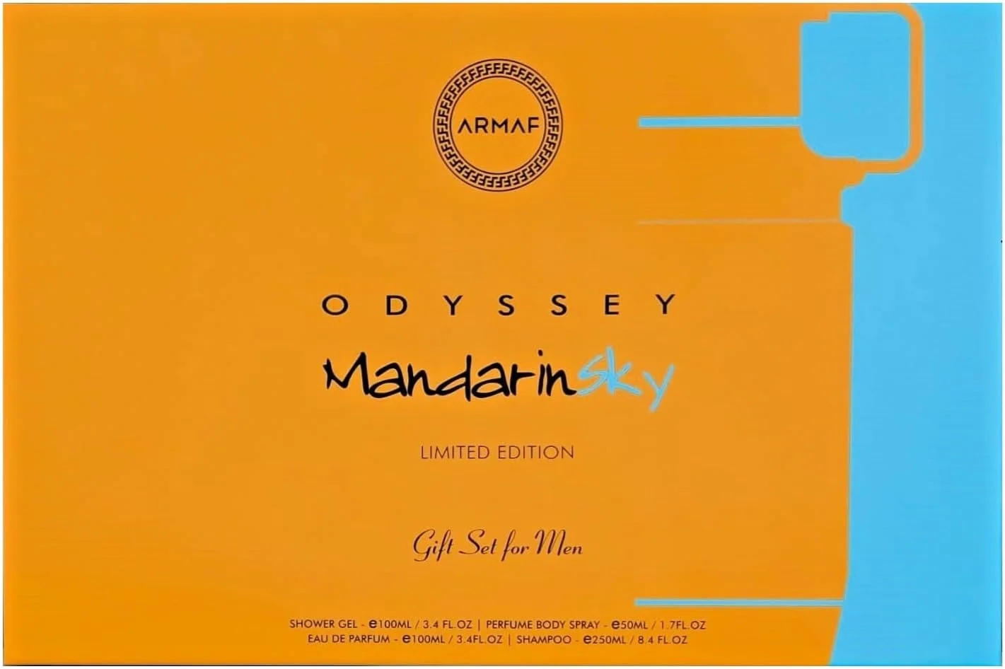 ست هدیه مردانه 4 تکه آرماف اودیسه ماندارین اسکای نسخه محدود، ادو پرفیوم 100 میلی لیتر، اسپری بدن 50 میلی لیتر، شامپو مو 250 میلی لیتر، ژل دوش 100 میلی لیتر، رایحه چوبی شرقی ماندگار