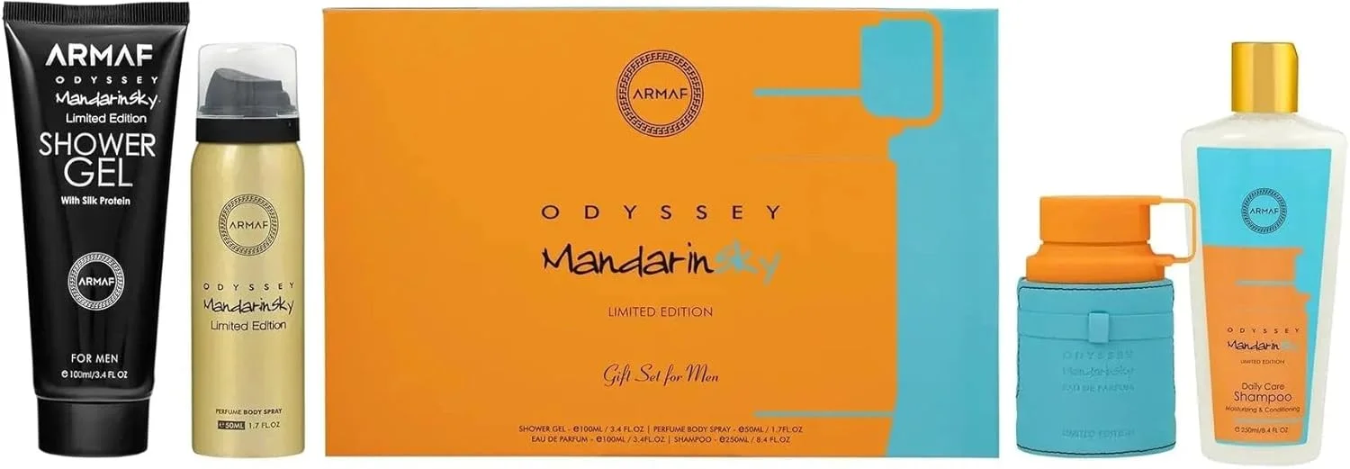 ست هدیه مردانه 4 تکه آرماف اودیسه ماندارین اسکای نسخه محدود، ادو پرفیوم 100 میلی لیتر، اسپری بدن 50 میلی لیتر، شامپو مو 250 میلی لیتر، ژل دوش 100 میلی لیتر، رایحه چوبی شرقی ماندگار