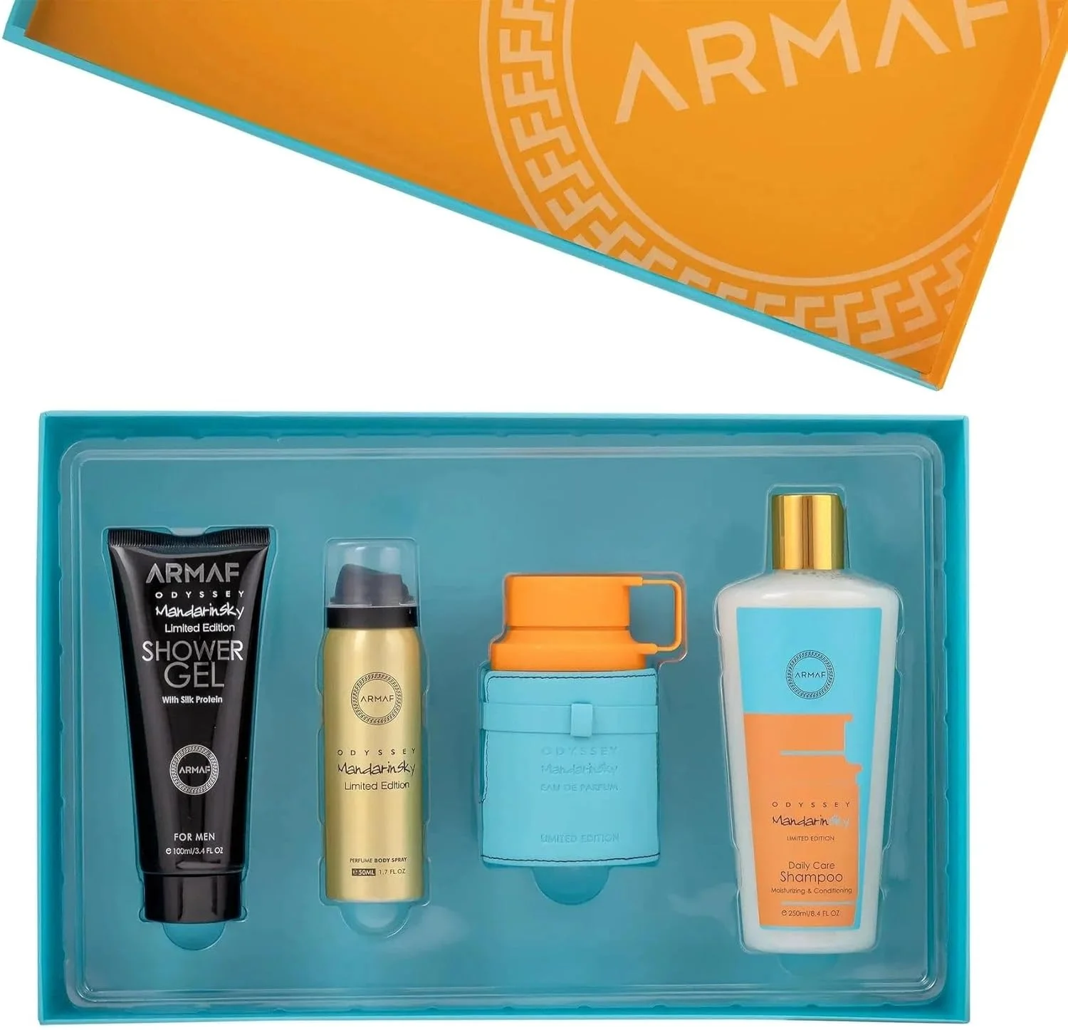ست هدیه مردانه 4 تکه آرماف اودیسه ماندارین اسکای نسخه محدود، ادو پرفیوم 100 میلی لیتر، اسپری بدن 50 میلی لیتر، شامپو مو 250 میلی لیتر، ژل دوش 100 میلی لیتر، رایحه چوبی شرقی ماندگار