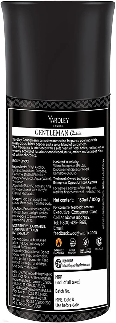 اسپری خوشبو کننده بدن مردانه کلاسیک Yardley London Gentleman - 150 میلی لیتر، رایحه مردانه مدرن برای محافظت طولانی مدت در برابر بو (بسته 2 عددی)