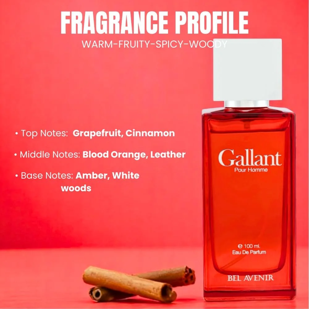 ادکلن مردانه Bel Avenir Gallant Luxury با ماندگاری طولانی | برای مردان | برای او | برای مشترک (نت های مردانه - 100 میلی لیتر)