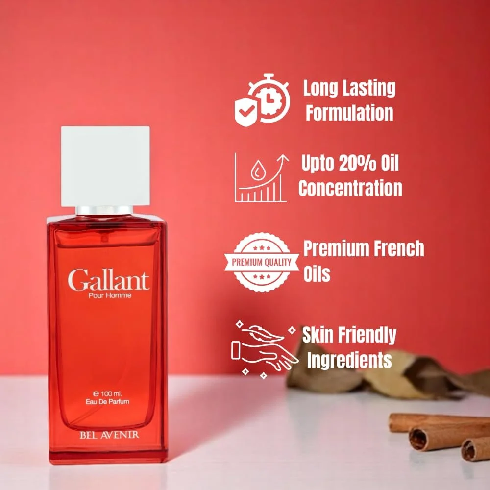 ادکلن مردانه Bel Avenir Gallant Luxury با ماندگاری طولانی | برای مردان | برای او | برای مشترک (نت های مردانه - 100 میلی لیتر)