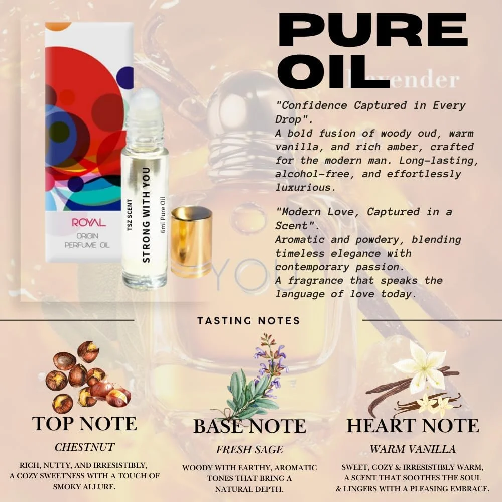 عطر روغنی مردانه TSZ مدل Strong With You - رول-آن 6 میلی لیتری | رایحه چوبی هوس انگیز با وانیل گرم، مریم گلی و ادویه جات