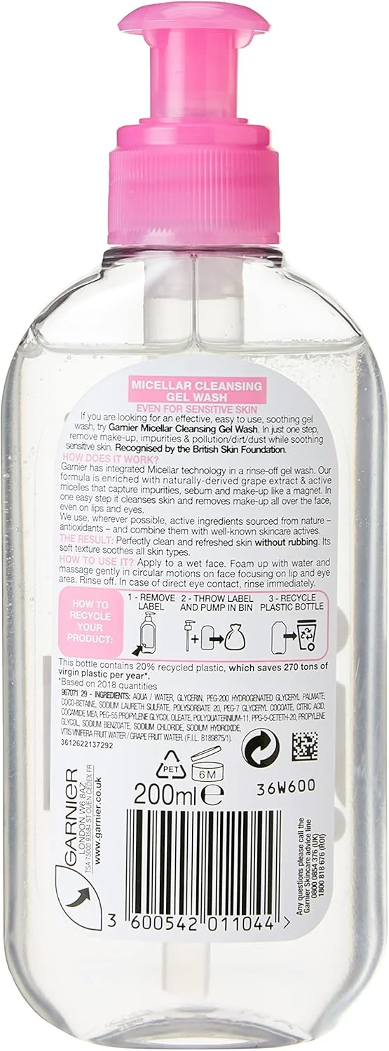 ژل شستشوی صورت میسلار گارنیه مناسب پوست حساس 200 میلی لیتر، پاک کننده ملایم صورت و پاک کننده آرایش، مورد تایید بنیاد پوست بریتانیا، نیاز به آبکشی، فرمول غیر خشک کننده و بدون عطر ژل شستشوی صورت میسلار گارنیه مناسب پوست حساس 200 میلی لیتر، پاک کننده ملایم صورت و پاک کننده آرایش، مورد تایید بنیاد پوست بریتانیا، نیاز به آبکشی، فرمول غیر خشک کننده و بدون عطر