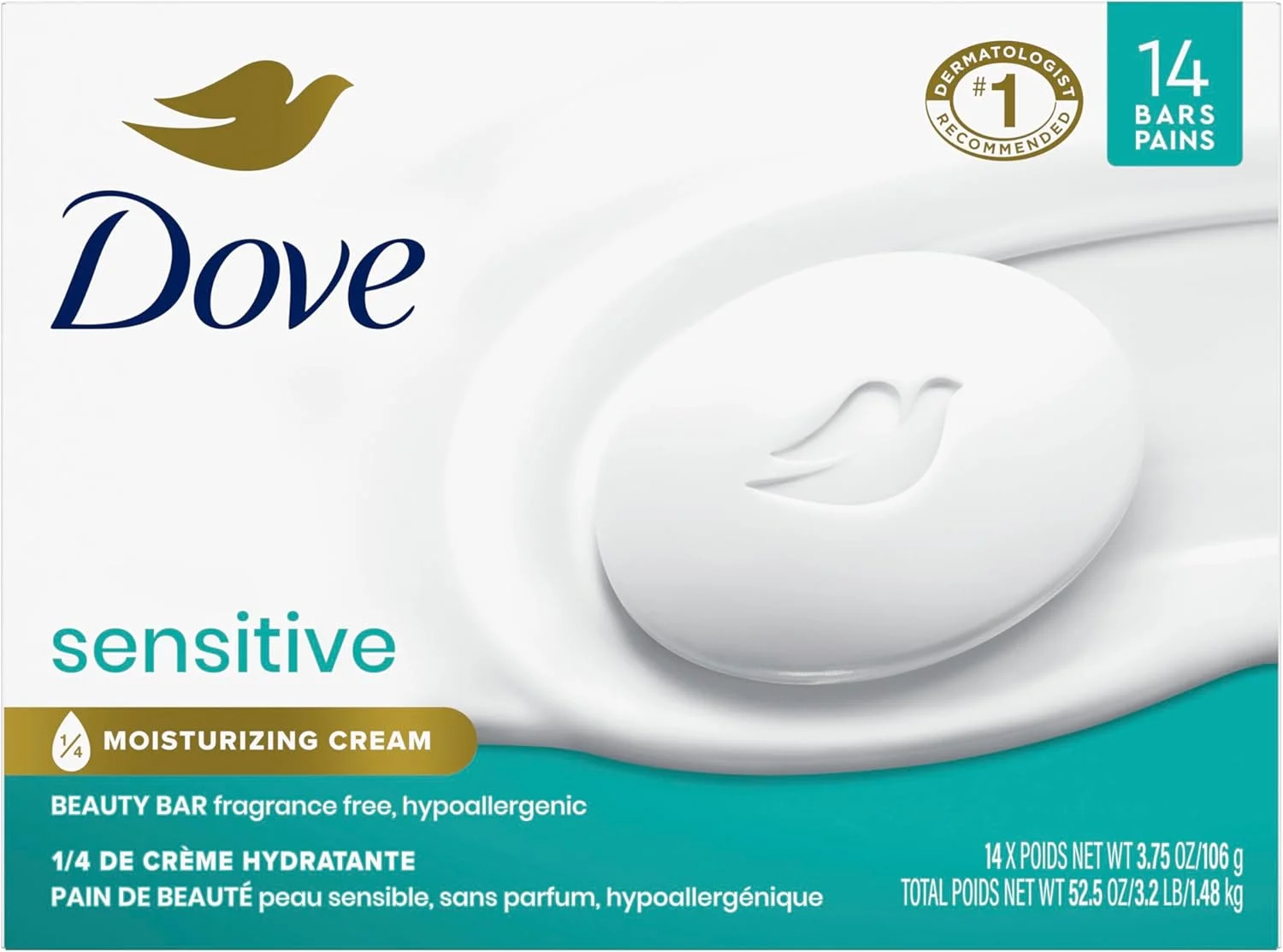 داو بیوتی بار، مرطوب کننده بیشتر از صابون معمولی برای پوستی نرم تر، بدون عطر، بی خطر برای پوست های حساس، با پاک کننده ملایم 106 گرم 14 عدد