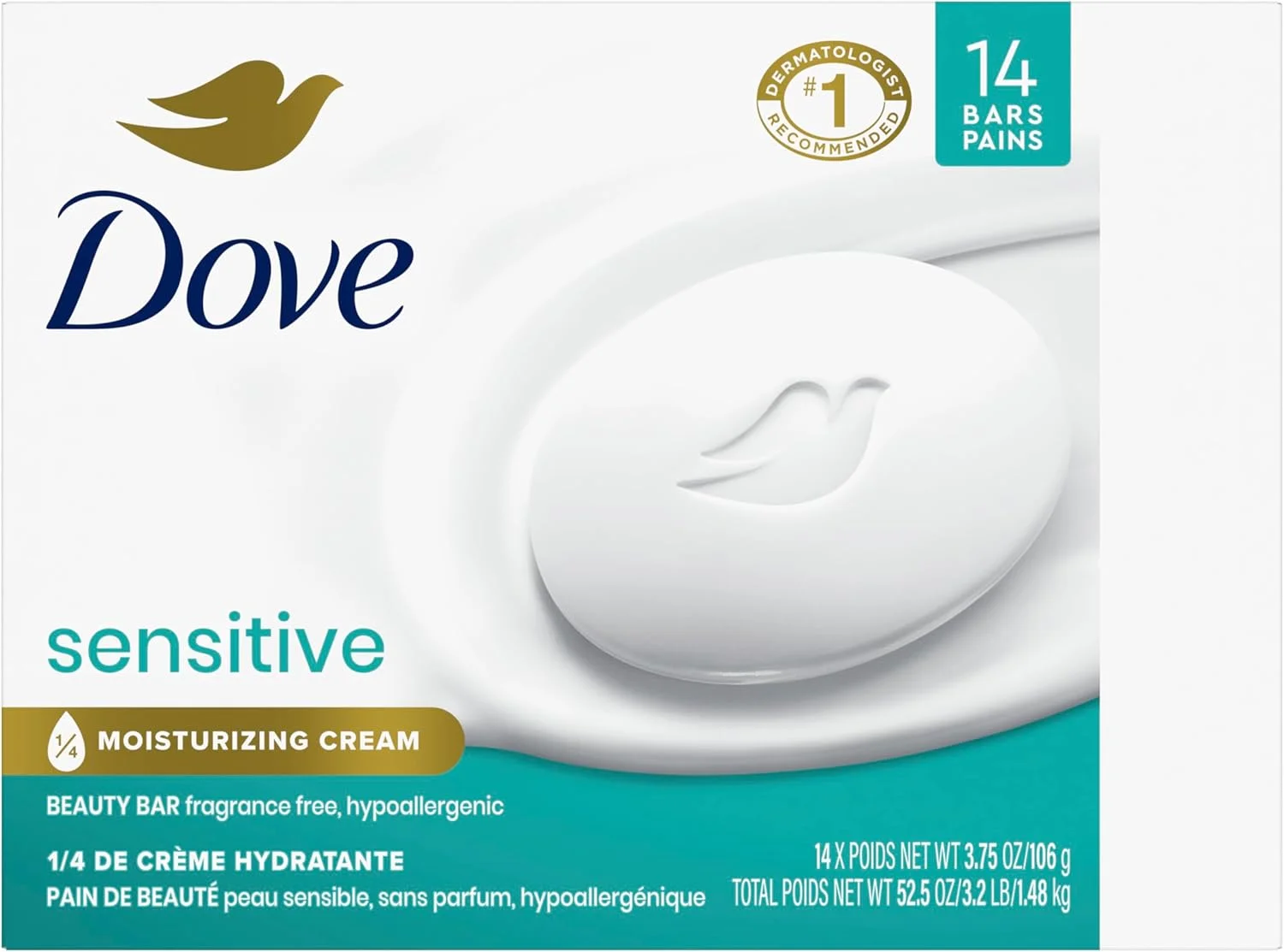 داو بیوتی بار، مرطوب کننده بیشتر از صابون معمولی برای پوستی نرم تر، بدون عطر، بی خطر برای پوست های حساس، با پاک کننده ملایم 106 گرم 14 عدد