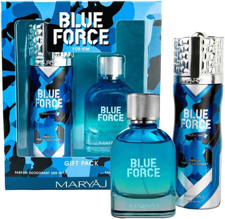 مجموعه هدیه عطر مردانه ماریج بلو فورس، اسپری ادو پرفیوم 100 میلی لیتر + اسپری بدن عطر 200 میلی لیتر