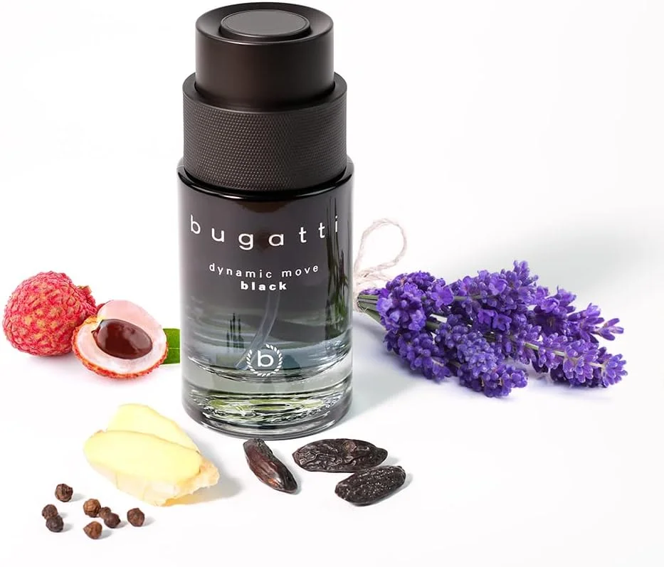 ادکلن مردانه بوگاتی مدل Dynamic Move Black حجم 100 میلی لیتر | ادو تویلت مردانه شرقی چوبی | ترکیبی قوی و دلپذیر از چوب کشمیر، مشک و لیچی | میوه ای، تازه و چوبی گرم