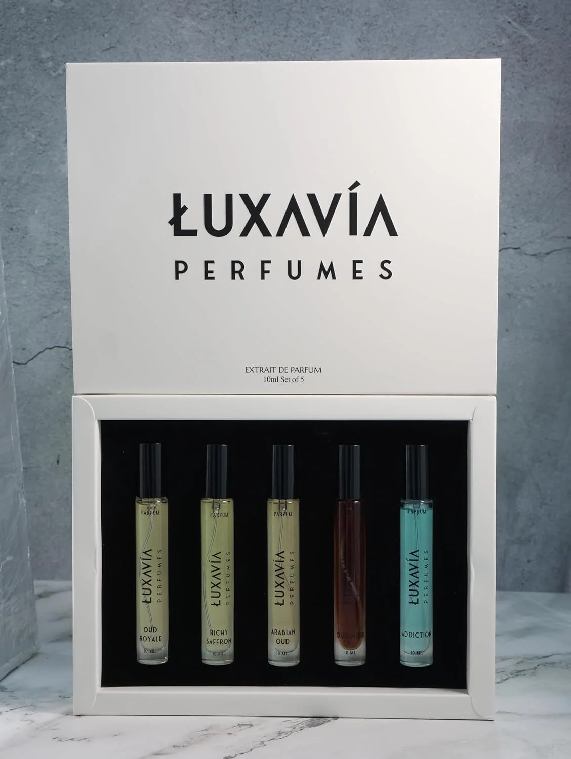 مجموعه آزمایشی مردانه Luxavia، ۵ عدد ۸ میلی‌لیتری – مجموعه سمپل عطر عربی با رایحه‌های عود، زعفران، مرکبات و مشک، وگان