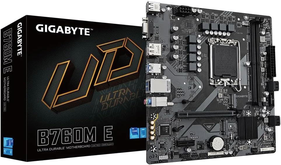مادربرد GIGABYTE B760M E - پشتیبانی از پردازنده‌های نسل چهاردهم اینتل Core، VRM با 6+1+1 فاز، پشتیبانی از DDR5 تا 7200 مگاهرتز (OC)، 2xPCIe 4.0 M.2، LAN 1 گیگابیتی، USB 3.2 Gen 1