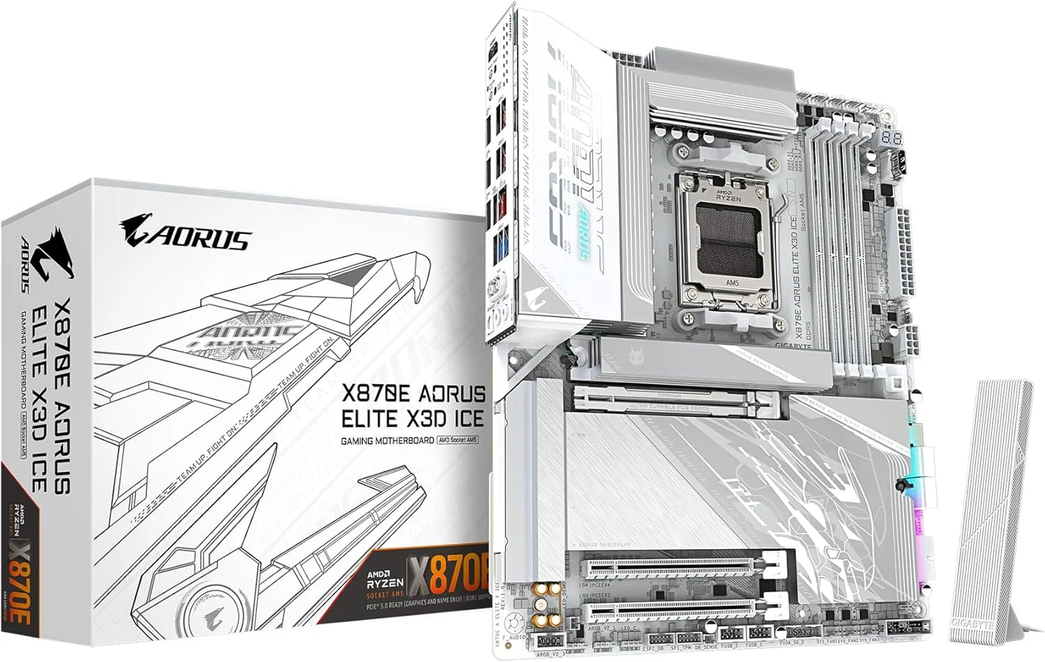 مادربرد GIGABYTE X870E AORUS ELITE X3D ICE AMD AM5 LGA 1718 ATX، پشتیبانی از پردازنده‌های سری AMD Ryzen 9000/8000/7000، DDR5، فاز قدرت 16+2+2، 4x M.2، PCIe 5.0، WIFI، 5 GbE، Plus، 5 سال 