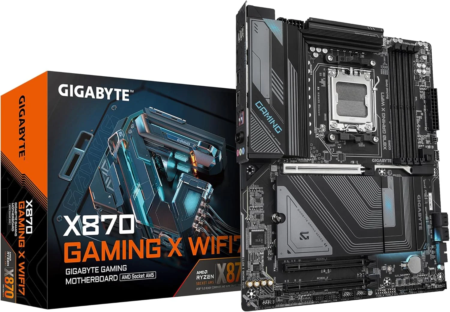 مادربرد GIGABYTE X870 GAMING X WIFI7 - پشتیبانی از پردازنده های AMD Ryzen 9000، طراحی VRM با 16+2+2 فاز، پشتیبانی از رم DDR5 تا 8000 مگاهرتز (OC)، دارای 1 اسلات PCIe 5.0، Wi-Fi 7، شبکه 2.5GbE LAN و USB 4