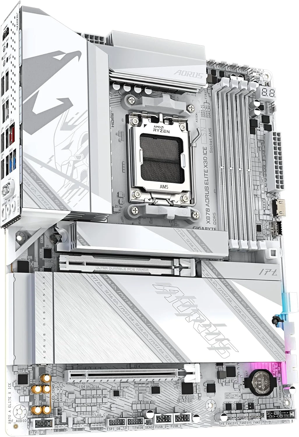 مادربرد GIGABYTE X870 AORUS Elite X3D Ice - پشتیبانی از پردازنده های AMD Ryzen 9000، VRM دیجیتال 16+2+2 فاز، پشتیبانی از DDR5 تا 9000 هرتز (OC)، 2xPCIe 5.0 + 2xPCIe 4.0، Wi-Fi 7، LAN 2.5GbE، USB 4