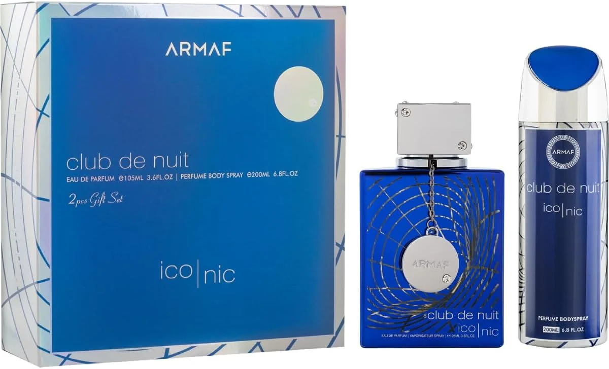 ست هدیه دو تکه عطر مردانه آرماف کلاب د نایت بلو آیکونیک، ادو پرفیوم 105 میلی لیتر، اسپری بدن معطر 200 میلی لیتر، رایحه ماندگار، رایحه مرکباتی چوبی، ست هدیه لوکس