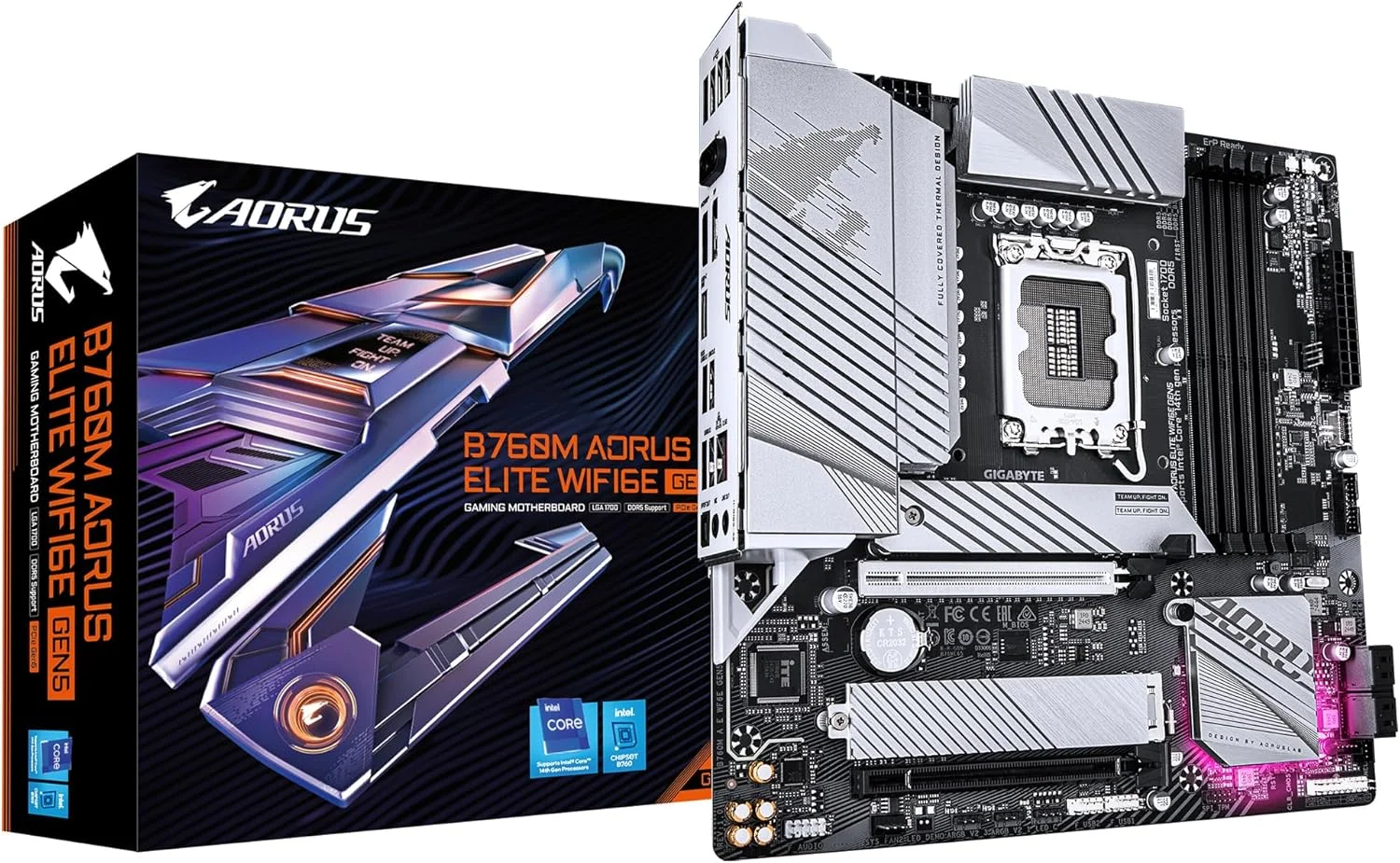 مادربرد GIGABYTE B760M AORUS Elite WIFI6E GEN5 - پشتیبانی از پردازنده های نسل 14 اینتل Core، VRM دیجیتال 1+1+12 فاز، DDR5 تا 5600 مگاهرتز، 2x PCIe 4.0 M.2، Wi-Fi 6E، LAN 2.5GbE