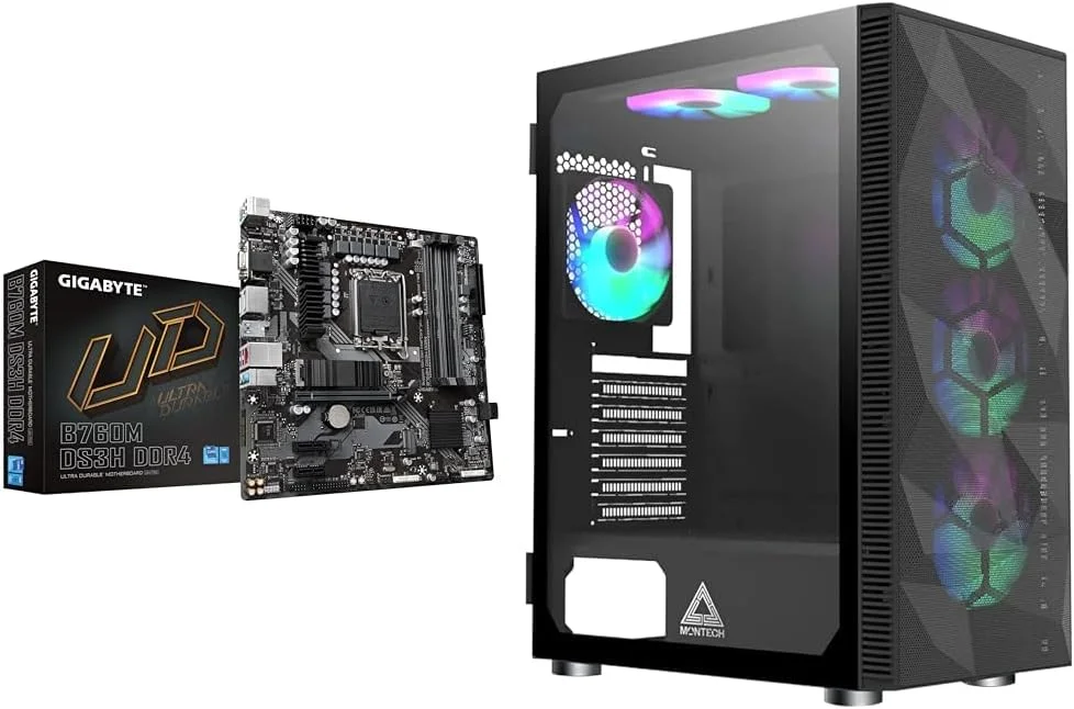 مادربرد GIGABYTE B760M DS3H DDR4 Intel LGA 1700 و کیس Montech X3 Mesh ATX Mid-Tower با 6 فن نورپردازی RGB