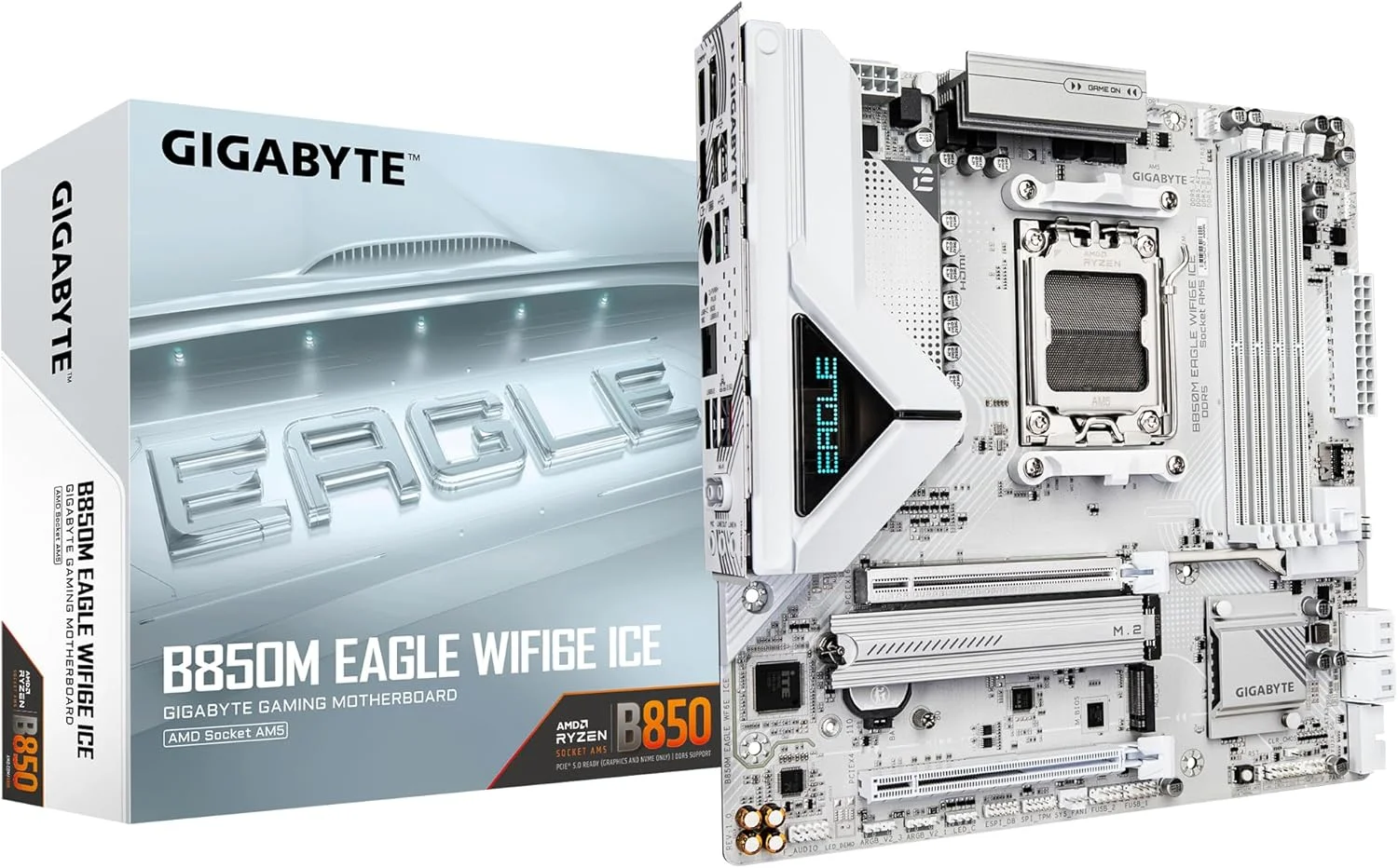مادربرد GIGABYTE B850M Eagle WIFI6E Ice - پشتیبانی از پردازنده های سری AMD Ryzen 9000، VRM دیجیتال 8+2+2 فاز، تا 8200 مگاهرتز DDR5 (OC)، 1x PCIe 5.0 + 1x PCIe 4.0 M.2، Wi-Fi 6E، LAN 2.5GbE