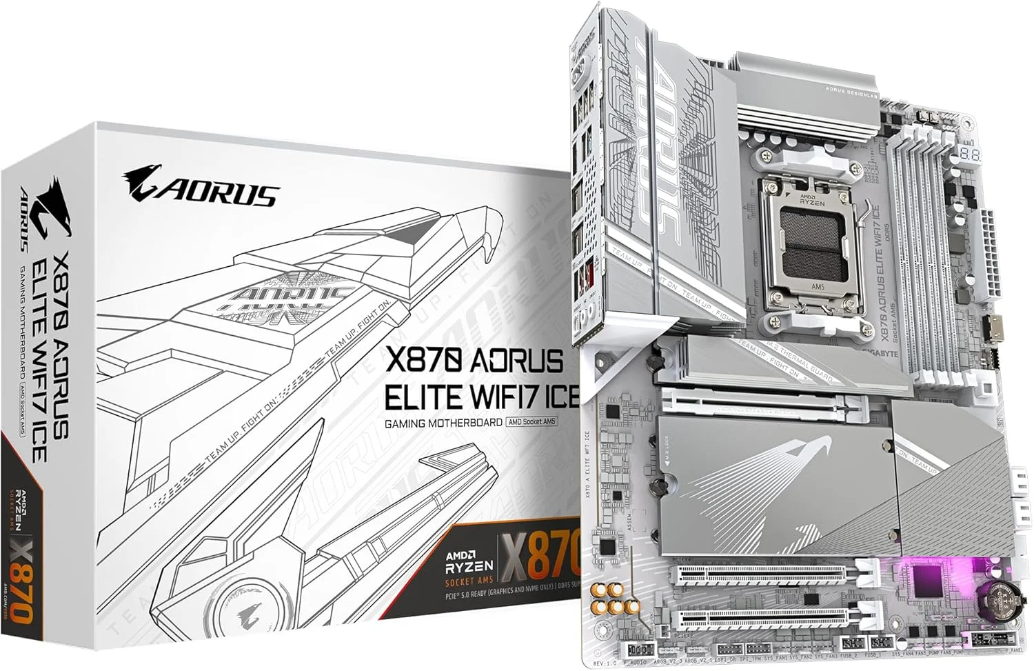 مادربرد GIGABYTE X870 AORUS Elite WIFI7 ICE - پشتیبانی از پردازنده های AMD Ryzen 9000، VRM دیجیتال 16+2+2 فاز، پشتیبانی از DDR5 تا 8000 مگاهرتز (OC)، 3xPCIe 5.0، Wi-Fi 7، LAN 2.5GbE، USB 4