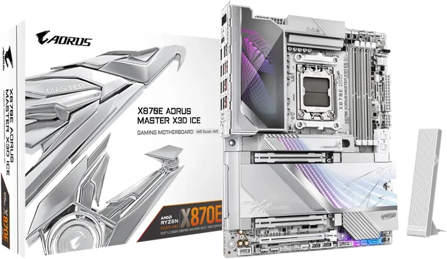 مادربرد GIGABYTE X870E AORUS Master X3D ICE AMD AM5 LGA 1718 ATX، پشتیبانی از پردازنده های سری AMD Ryzen 9000/8000/7000، DDR5، فاز قدرت 18+2+2، 5X M.2، PCIe 5.0، WIFI7، 10GbE
