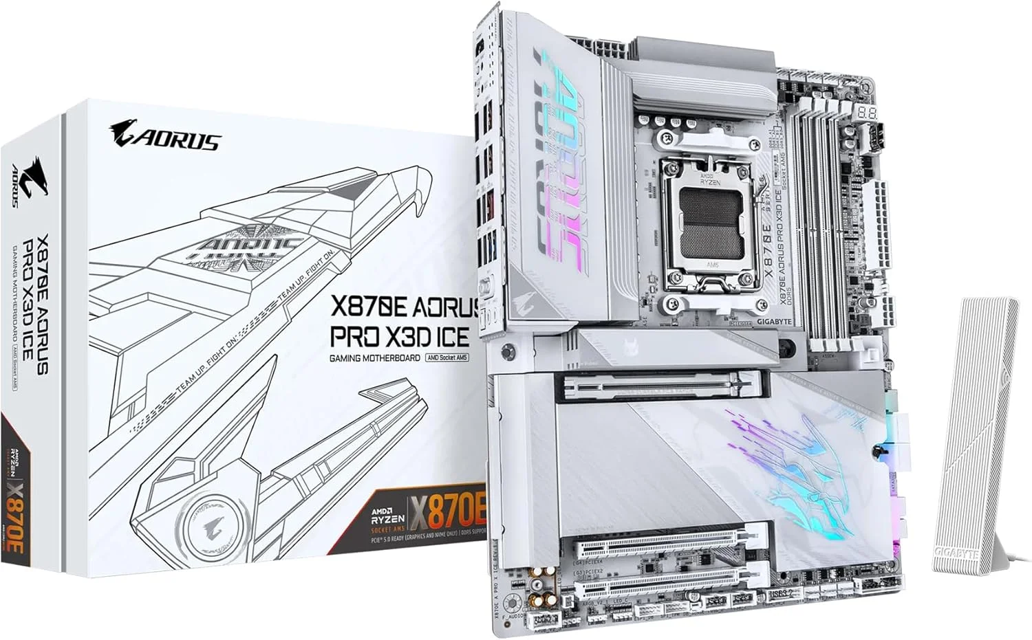 مادربرد GIGABYTE X870E AORUS PRO X3D ICE AMD AM5 LGA 1718 ATX، پشتیبانی از پردازنده های سری AMD Ryzen 9000/8000/7000، DDR5، فاز قدرت 18+2+2، 4X M.2، PCIe 5.0، SWIFI، 5GbE