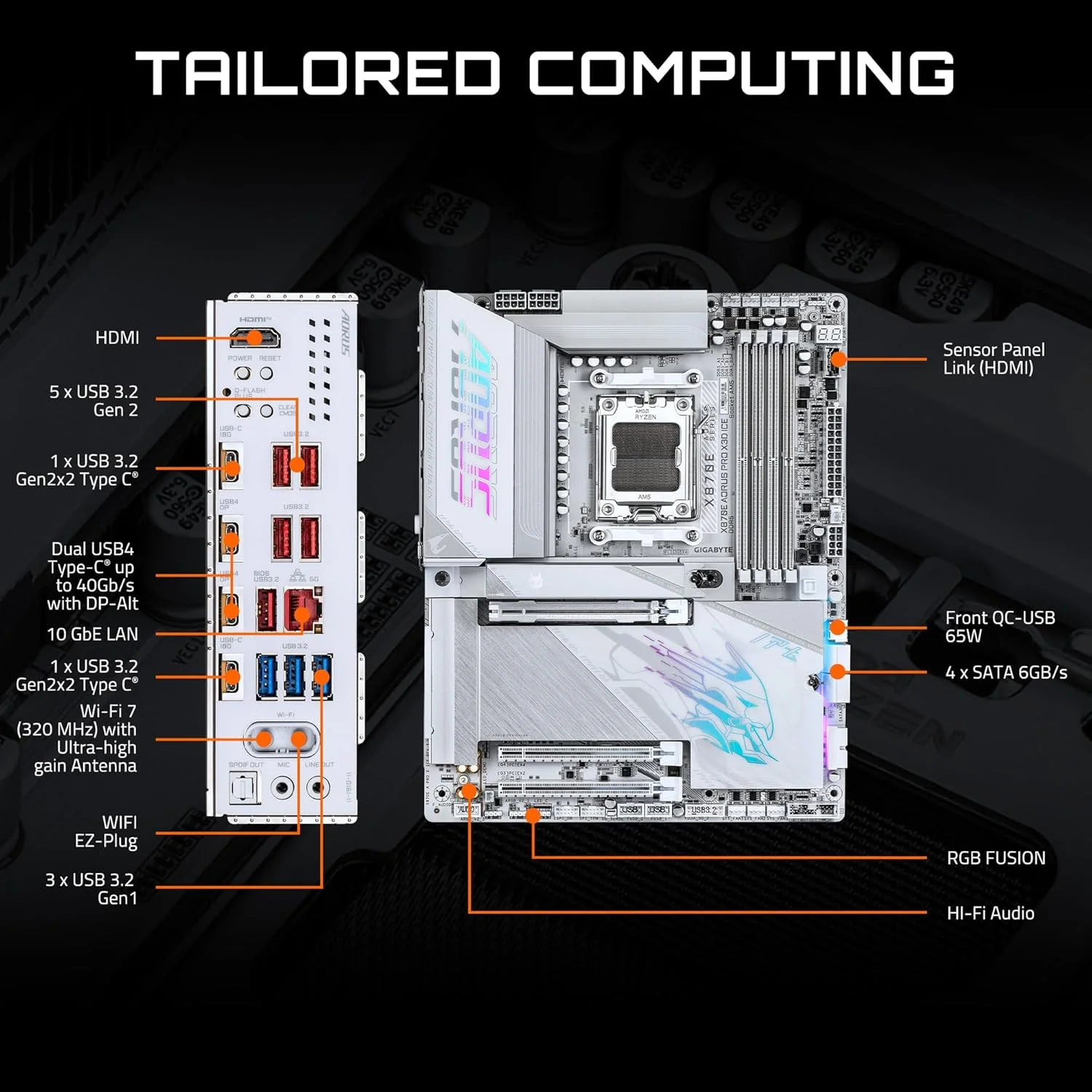 مادربرد GIGABYTE X870E AORUS PRO X3D ICE AMD AM5 LGA 1718 ATX، پشتیبانی از پردازنده های سری AMD Ryzen 9000/8000/7000، DDR5، فاز قدرت 18+2+2، 4X M.2، PCIe 5.0، SWIFI، 5GbE مادربرد GIGABYTE X870E AORUS PRO X3D ICE AMD AM5 LGA 1718 ATX، پشتیبانی از پردازنده های سری AMD Ryzen 9000/8000/7000، DDR5، فاز قدرت 18+2+2، 4X M.2، PCIe 5.0، SWIFI، 5GbE