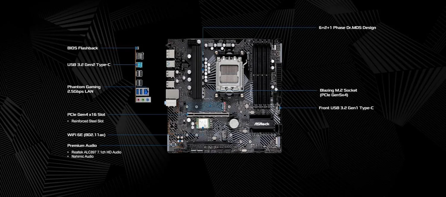 مادربرد ASRock B650M PG Lightning WiFi 6E AMD Ryzen سری 9000/8000/7000 سوکت AM5 B650 DDR5 تا 7200+ (OC) مگاهرتز 256 گیگابایت SATA3 6.0 گیگابیت بر ثانیه Micro ATX M.2 RGB LED BIOS Flashback مادربرد ASRock B650M PG Lightning WiFi 6E AMD Ryzen سری 9000/8000/7000 سوکت AM5 B650 DDR5 تا 7200+ (OC) مگاهرتز 256 گیگابایت SATA3 6.0 گیگابیت بر ثانیه Micro ATX M.2 RGB LED BIOS Flashback