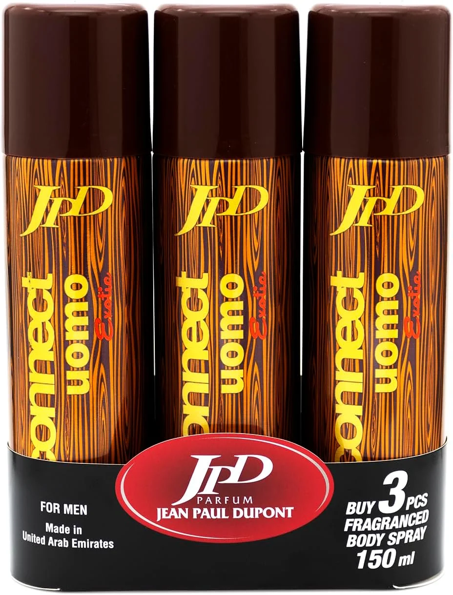 اسپری بدن مردانه 3 عددی Jean Paul Dupont (JPD) Connect Uomo Exotic 150ml - رایحه لیمو، سیب سبز، گلابی، نارنگی، رایحه چوبی و سبز ماندگار، غیر سمی، بدون تست حیوانی، مناسب سفر