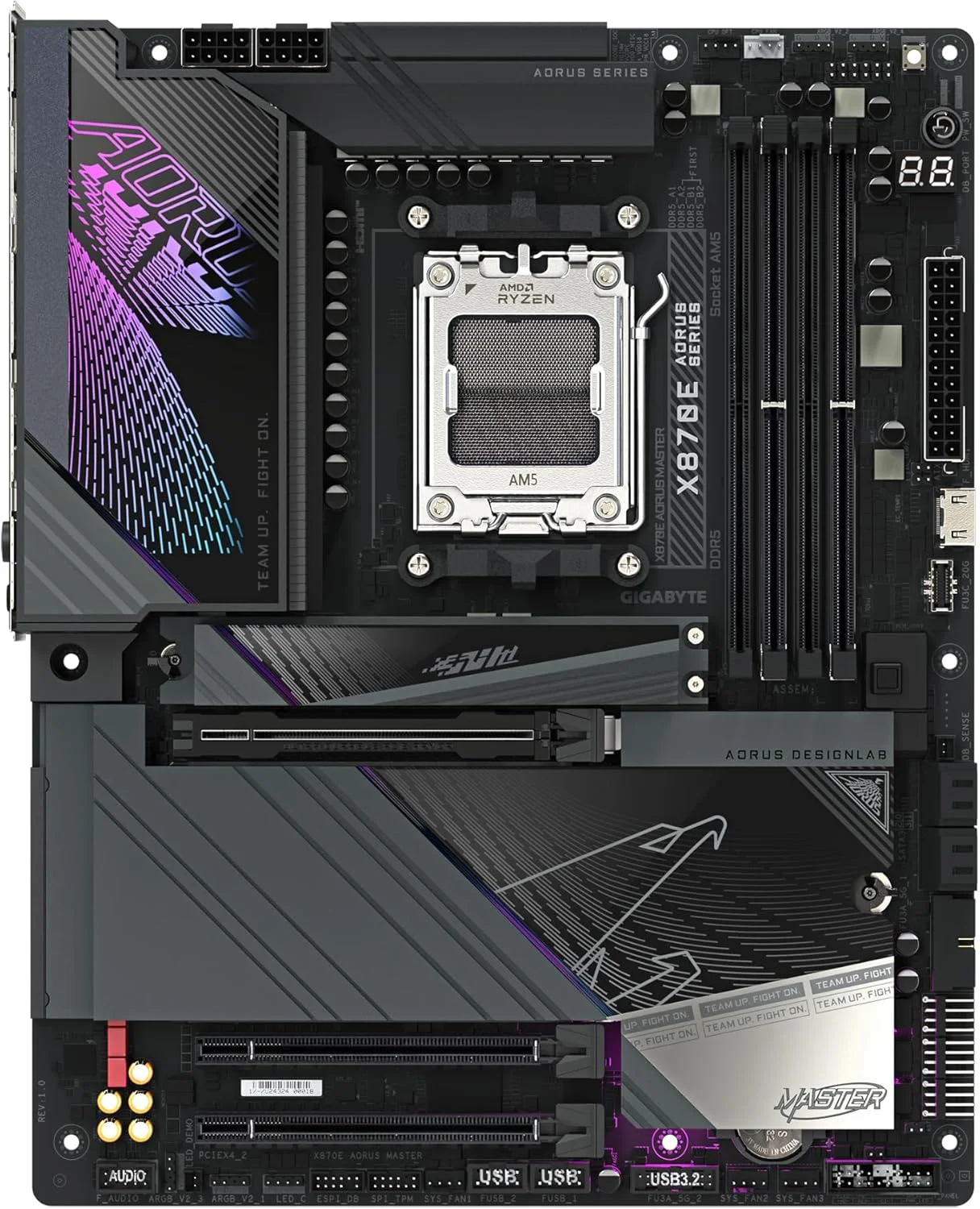 مادربرد GIGABYTE X870E AORUS Master - پشتیبانی از پردازنده های AMD Ryzen 9000، دارای VRM دیجیتال 16+2+2 فاز، پشتیبانی از DDR5 تا 8200 مگاهرتز (OC)، دارای 4xPCIe 5.0 + 4xM.2، Wi-Fi 7، LAN 5GbE، USB 3.2 Gen 2x2