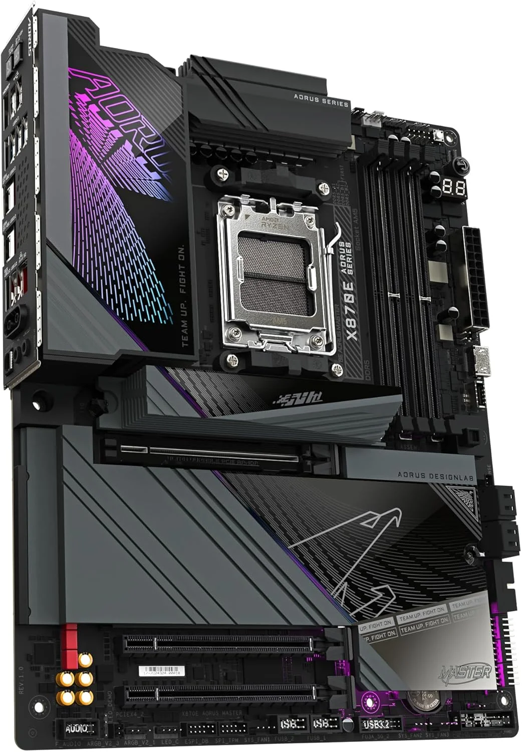 مادربرد GIGABYTE X870E AORUS Master - پشتیبانی از پردازنده های AMD Ryzen 9000، دارای VRM دیجیتال 16+2+2 فاز، پشتیبانی از DDR5 تا 8200 مگاهرتز (OC)، دارای 4xPCIe 5.0 + 4xM.2، Wi-Fi 7، LAN 5GbE، USB 3.2 Gen 2x2