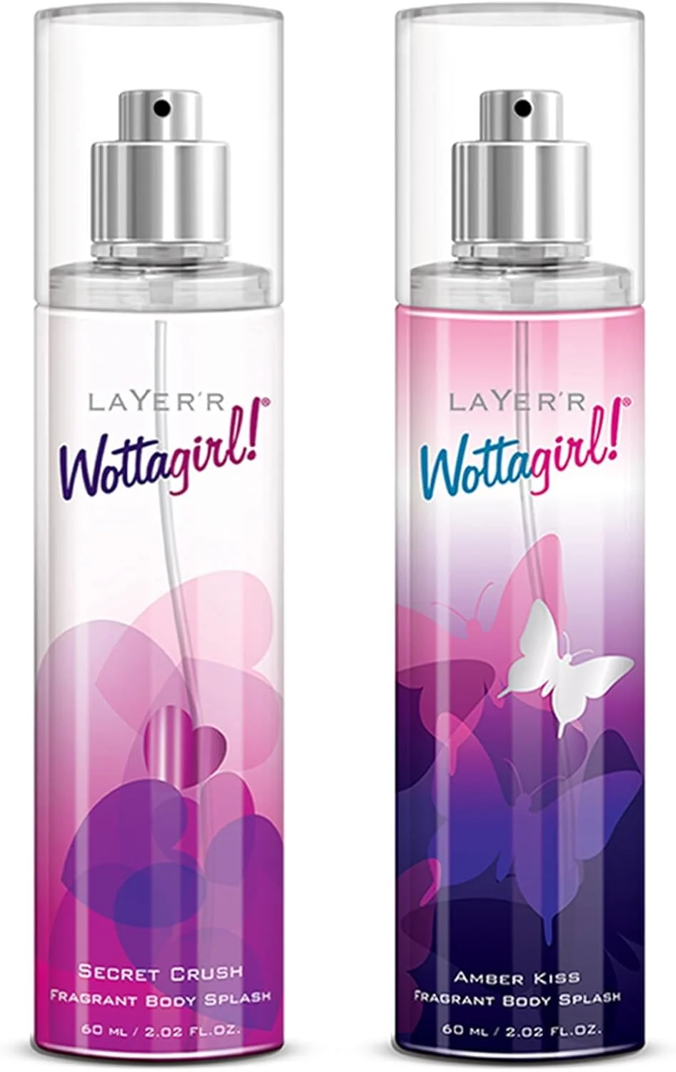 مجموعه بادی اسپلش های Wottagirl Secret Crush و Amber Kiss | بادی میست زنانه | رایحه ماندگار میوه ای، گلی و مشک | 60 میلی لیتر x 2