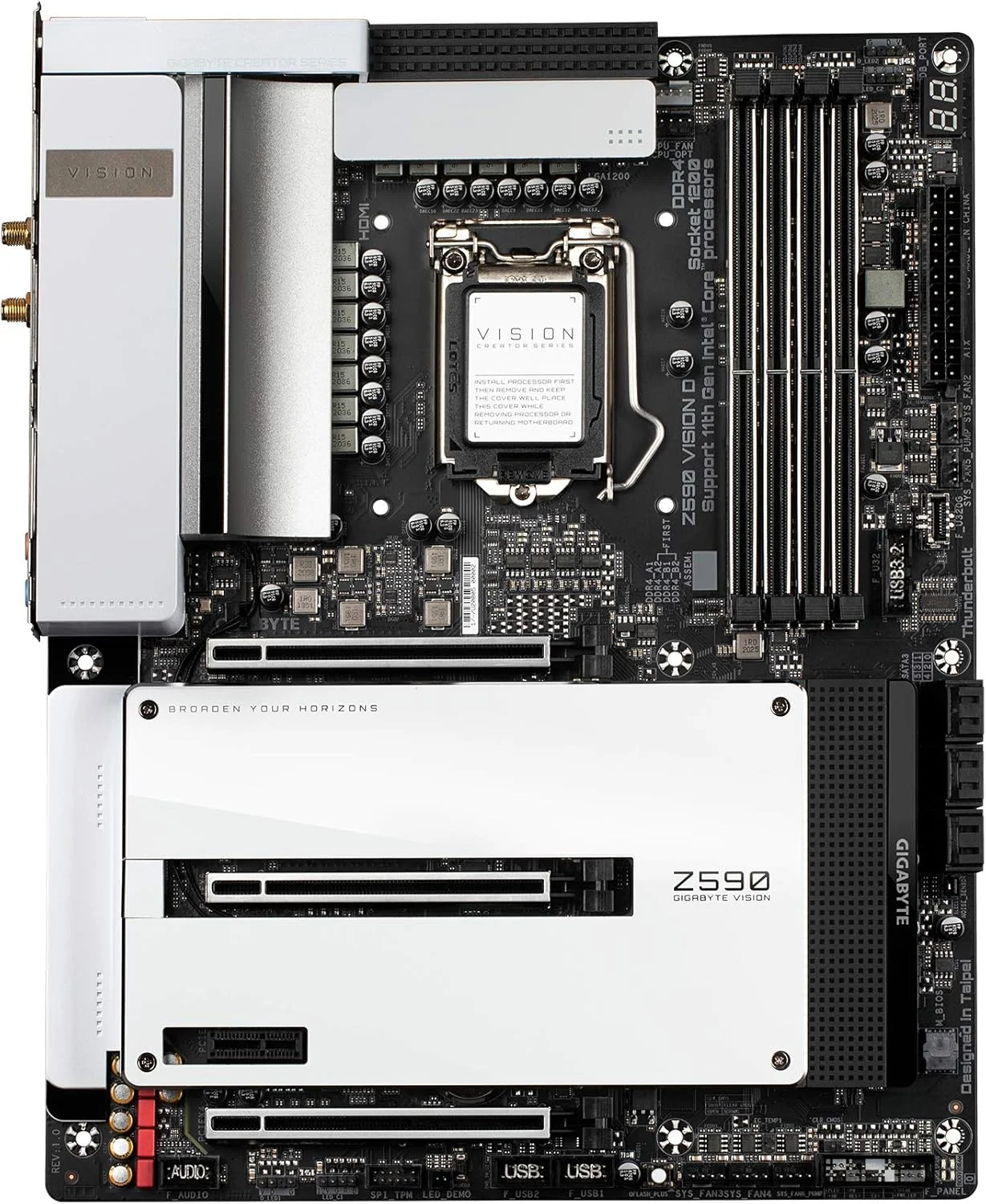 مادربرد GIGABYTE Z590 Vision D (LGA 1200/ Intel/ Z590/ ATX/Triple M.2/ PCIe 4.0/ USB 3.2 Gen2X2 Type-C/Intel WiFi 6/ Dual 2.5GbE LAN/Intel Thunderbolt 4) مادربرد GIGABYTE Z590 Vision D (LGA 1200/ Intel/ Z590/ ATX/Triple M.2/ PCIe 4.0/ USB 3.2 Gen2X2 Type-C/Intel WiFi 6/ Dual 2.5GbE LAN/Intel Thunderbolt 4)