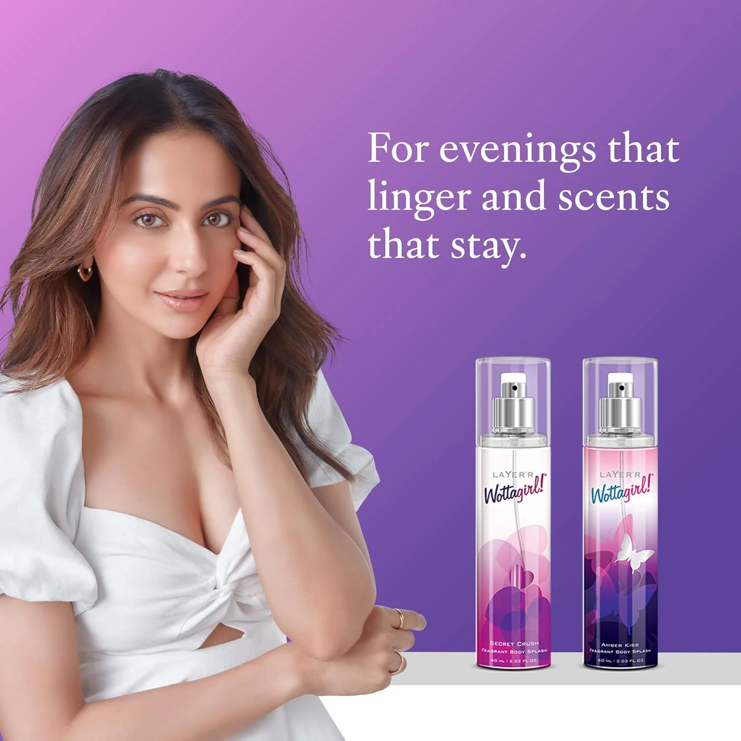 مجموعه بادی اسپلش های Wottagirl Secret Crush و Amber Kiss | بادی میست زنانه | رایحه ماندگار میوه ای، گلی و مشک | 60 میلی لیتر x 2