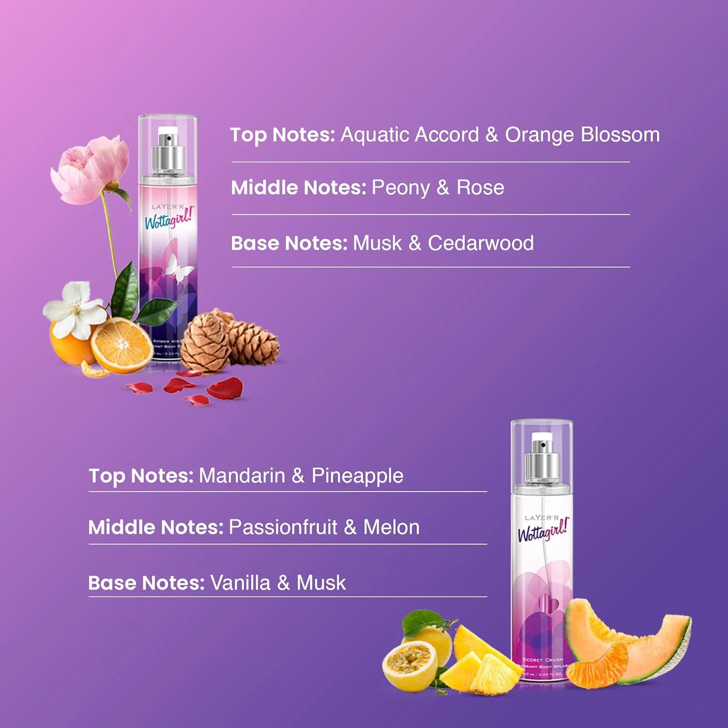 مجموعه بادی اسپلش های Wottagirl Secret Crush و Amber Kiss | بادی میست زنانه | رایحه ماندگار میوه ای، گلی و مشک | 60 میلی لیتر x 2