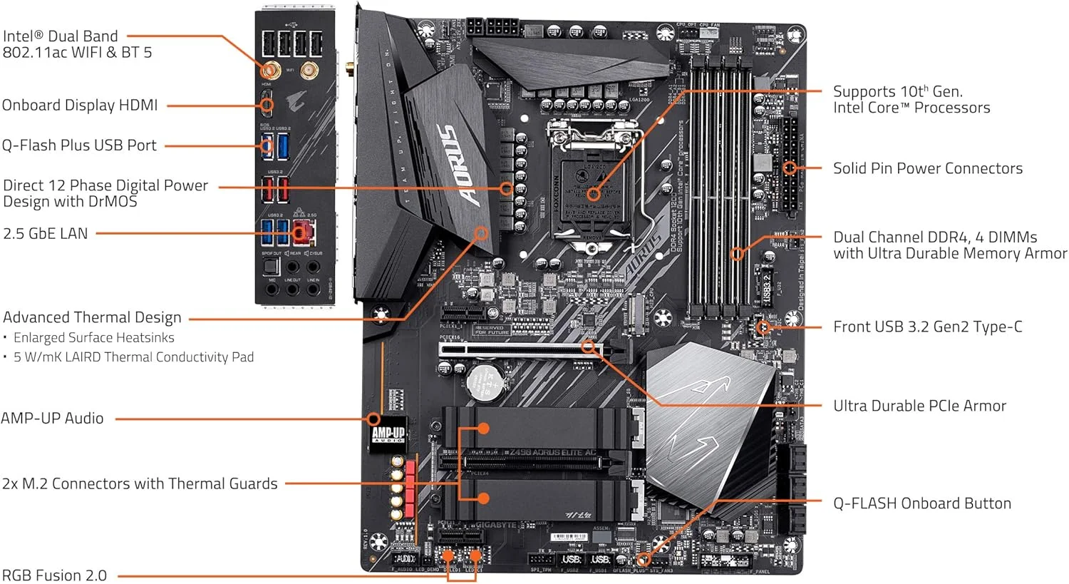 مادربرد گیمینگ GIGABYTE Z490 AORUS Elite AC-R (اینتل LGA1200/Z490/ATX/2xM.2 Thermal Guard/Realtek ALC1200/SATA 6Gb/s/USB 3.2 Gen 2/Intel 802.11ac/2.5 GbE LAN/RGB Fusion) (بازسازی شده)