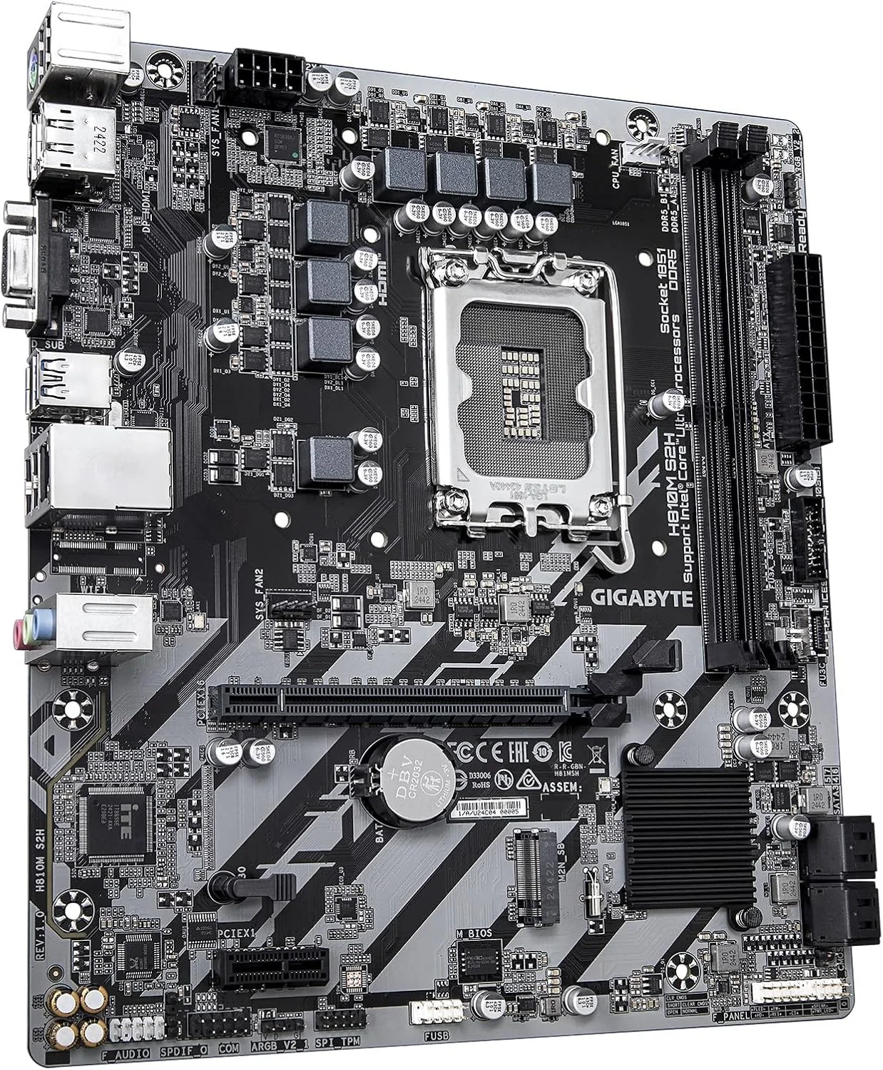 مادربرد GIGABYTE H810M S2H Intel Core Ultra (سری 2) LGA 1851، mATX، DDR5، 1x M.2، PCIe 4.0، USB 3.2 Gen1، 1GbE LAN، EZ-Latch