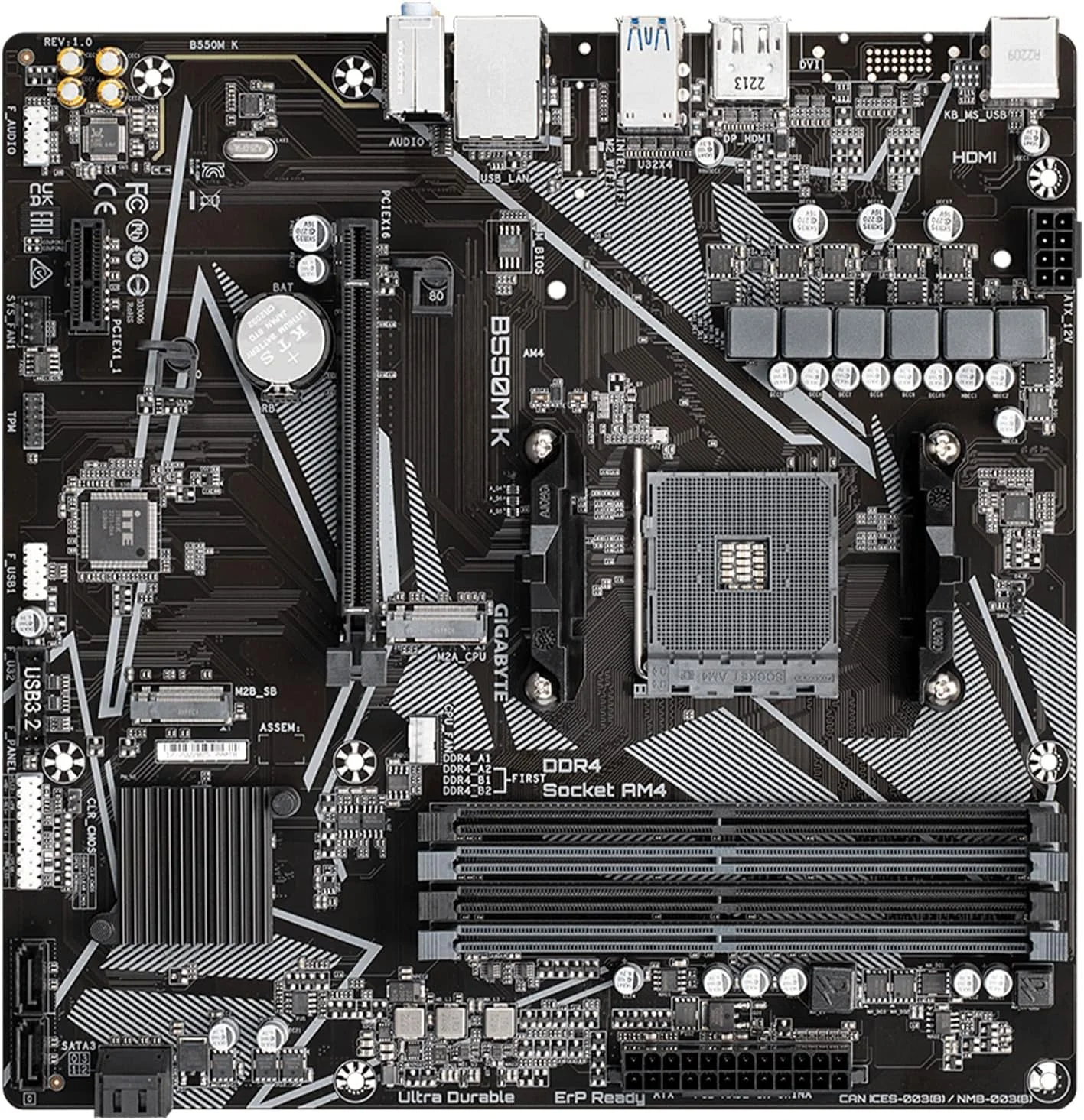 مادربرد GIGABYTE B550M K (AM4/ AMD/ B550/ Micro-ATX/Dual M.2/ SATA 6Gb/s/USB 3.2 Gen 1/ Realtek GbE LAN/PCIe 4.0) (بازسازی شده)