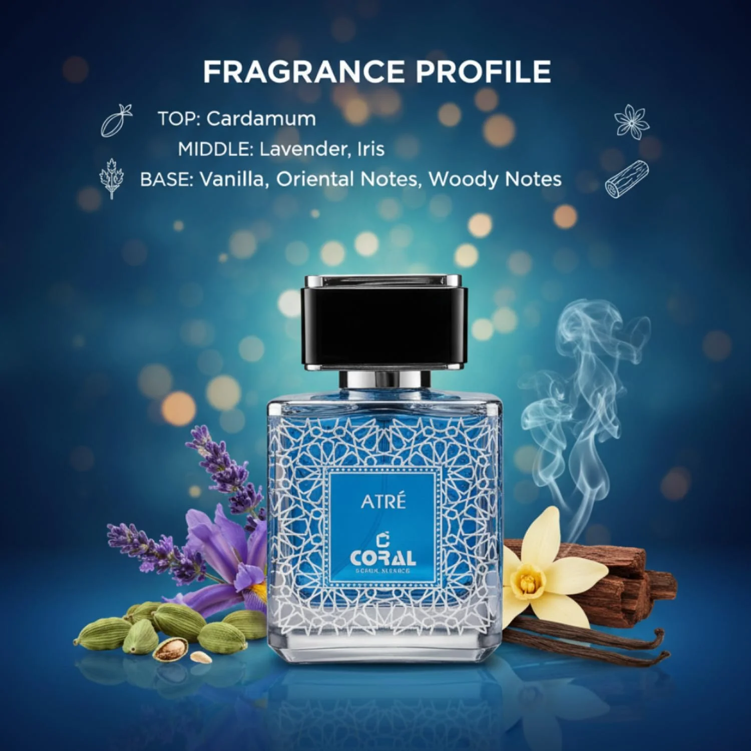 عطر مردانه کورال اتره - 100 میلی لیتر | ادو پرفیوم | رایحه تند و معطر ماندگار با نت های هل، اسطوخودوس، زنبق، وانیل و چوبی