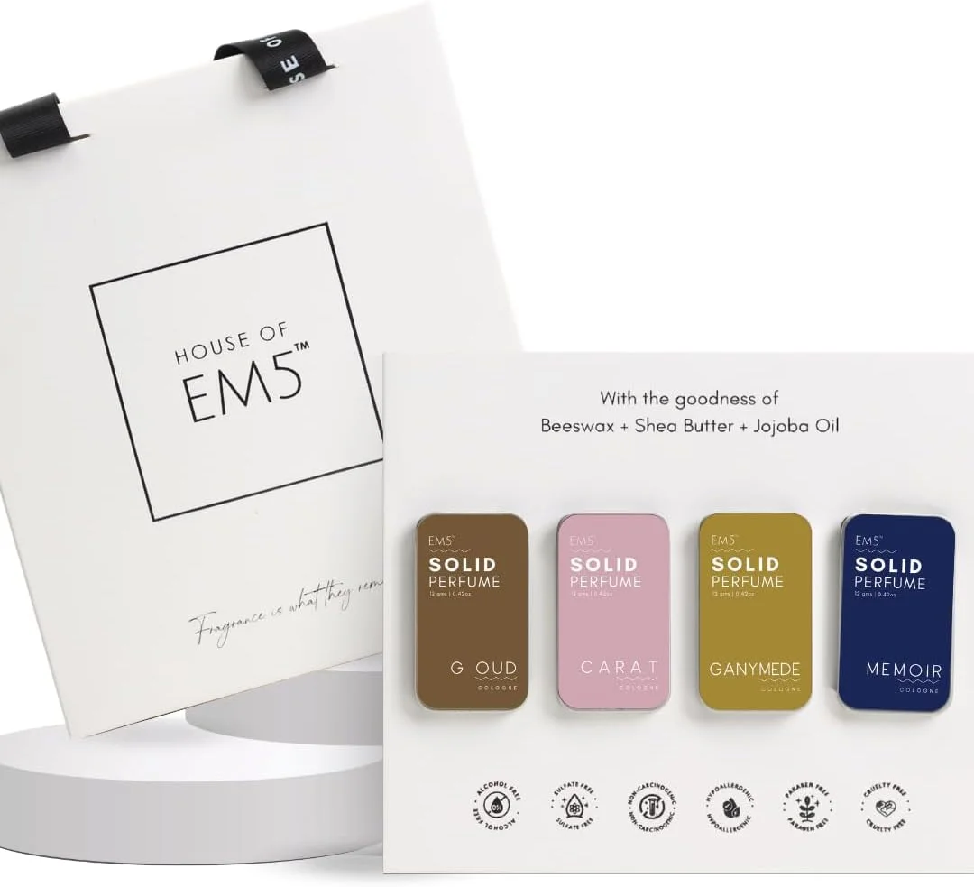 ست چهارتایی ادکلن унисекс EM5™ | عطرهای جامد برای آقایان و بانوان | عطر جیبی و مناسب سفر | رایحه ماندگار و قوی بدون چربی | بسته هدیه برای او و او