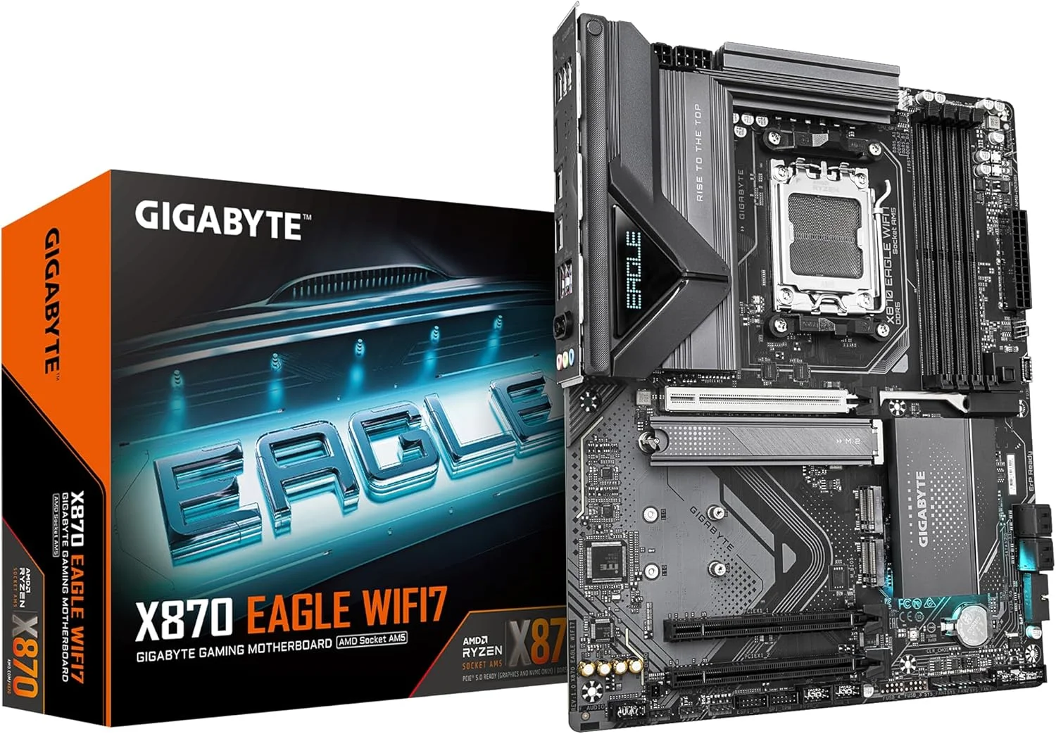 مادربرد GIGABYTE X870 Eagle WIFI7 - پشتیبانی از پردازنده های AMD Ryzen 9000، دارای VRM با 14+2+2 فاز، پشتیبانی از DDR5 تا 8000 مگاهرتز (OC)، دارای 1xPCIe 5.0، Wi-Fi 7، LAN 2.5GbE، USB 4