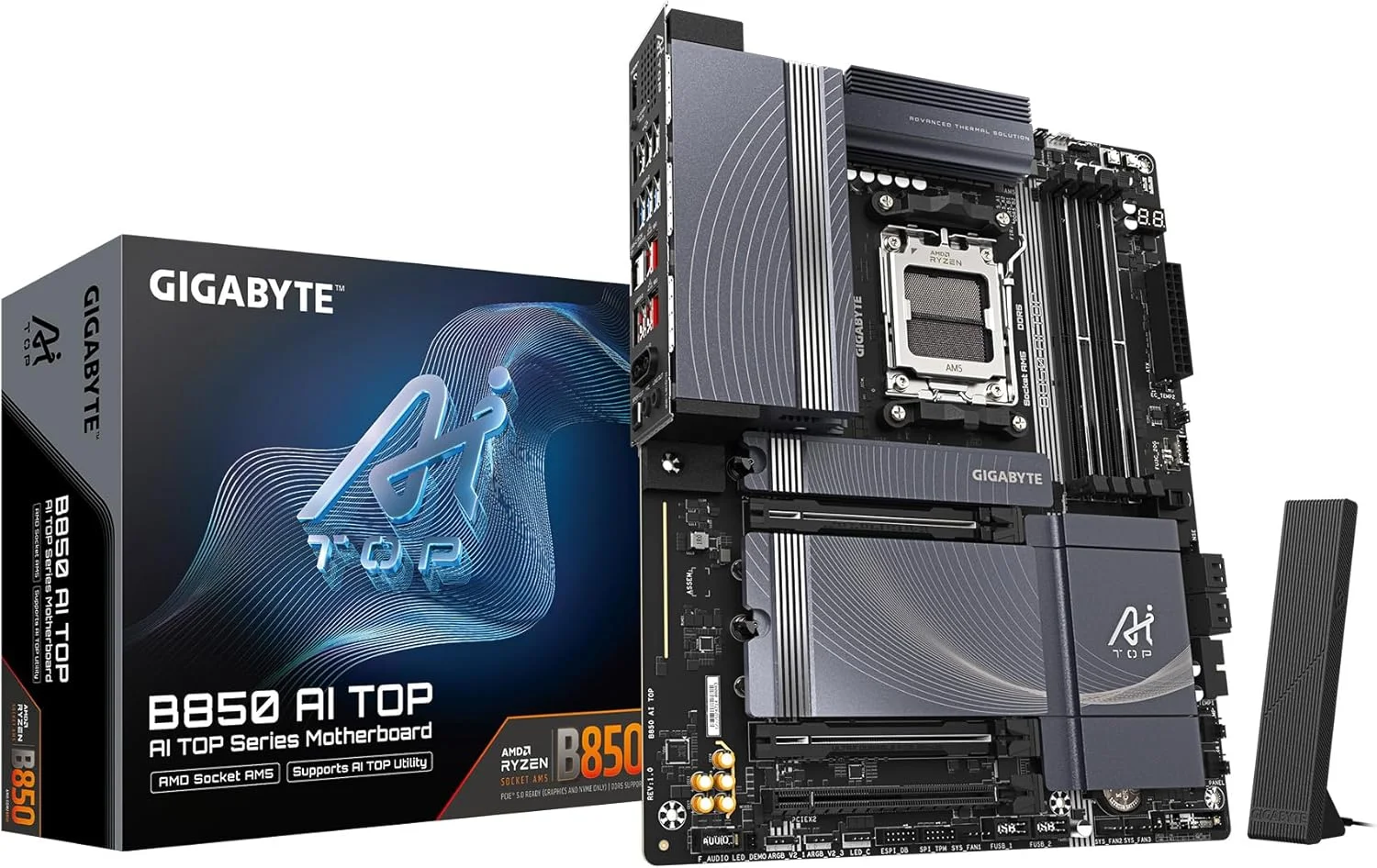 مادربرد GIGABYTE B850 AI TOP AMD AM5 LGA 1718، ATX، DDR5، 3X M.2، PCIe 5.0، USB-C، WIFI7، 10GbE LAN، EZ-Latch