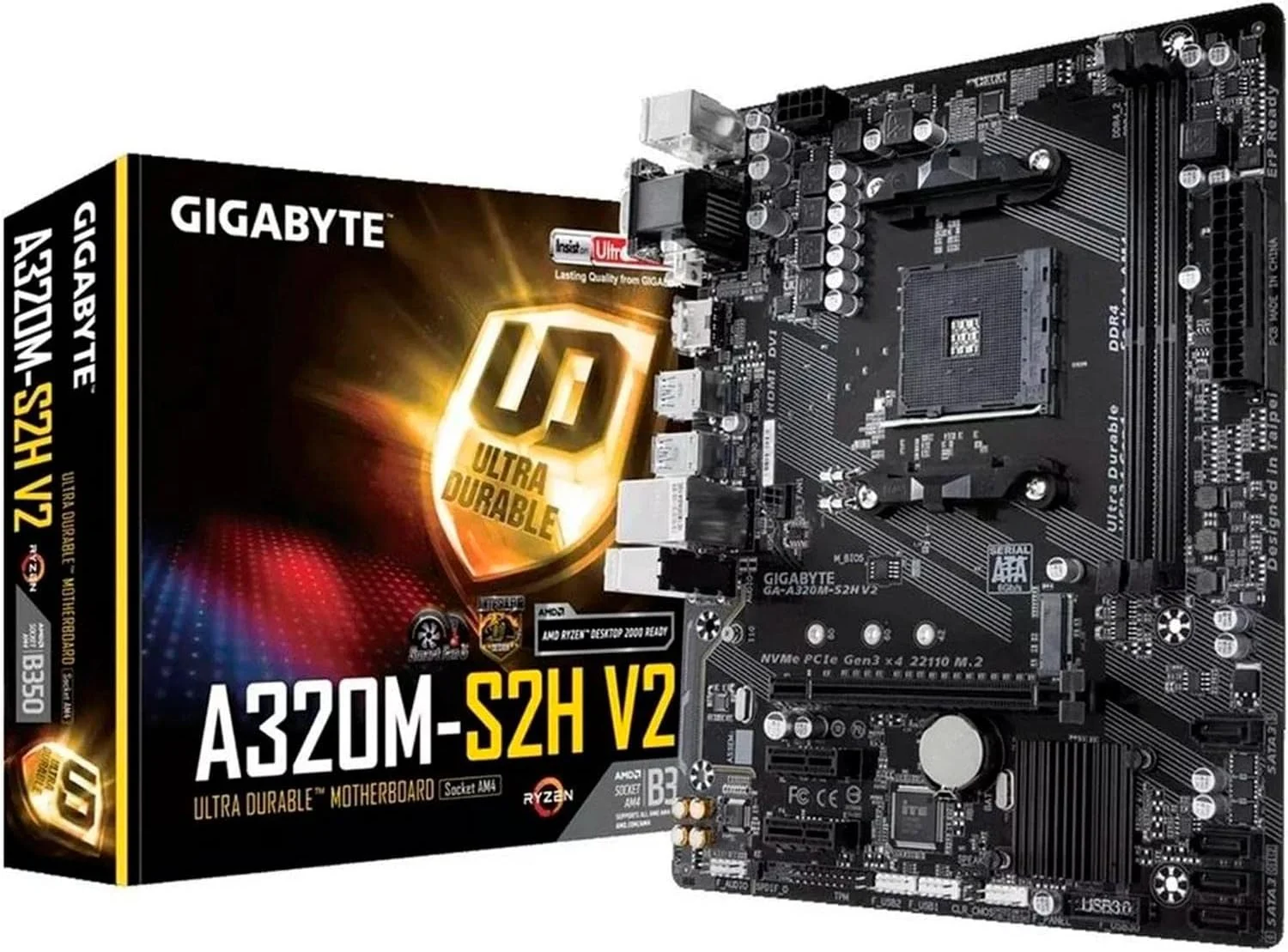 مادربرد GIGABYTE GA-A320M-S2H (AMD Ryzen AM4/MicroATX/2xDDR4/HDMI/Realtek ALC887/3xPCIe/USB3.1 Gen 1/LAN)
